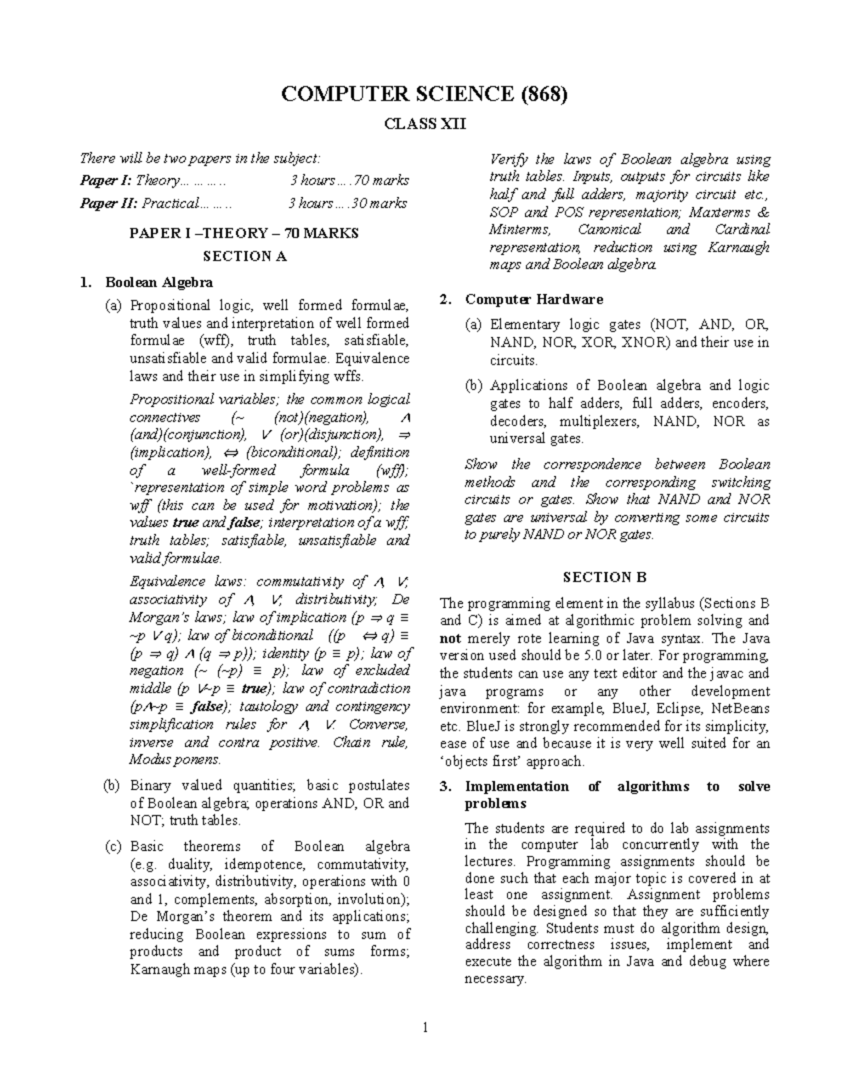 ISC COMPUTER SCIENCE (868) CLASS XII: Boolean Algebra & Java ...