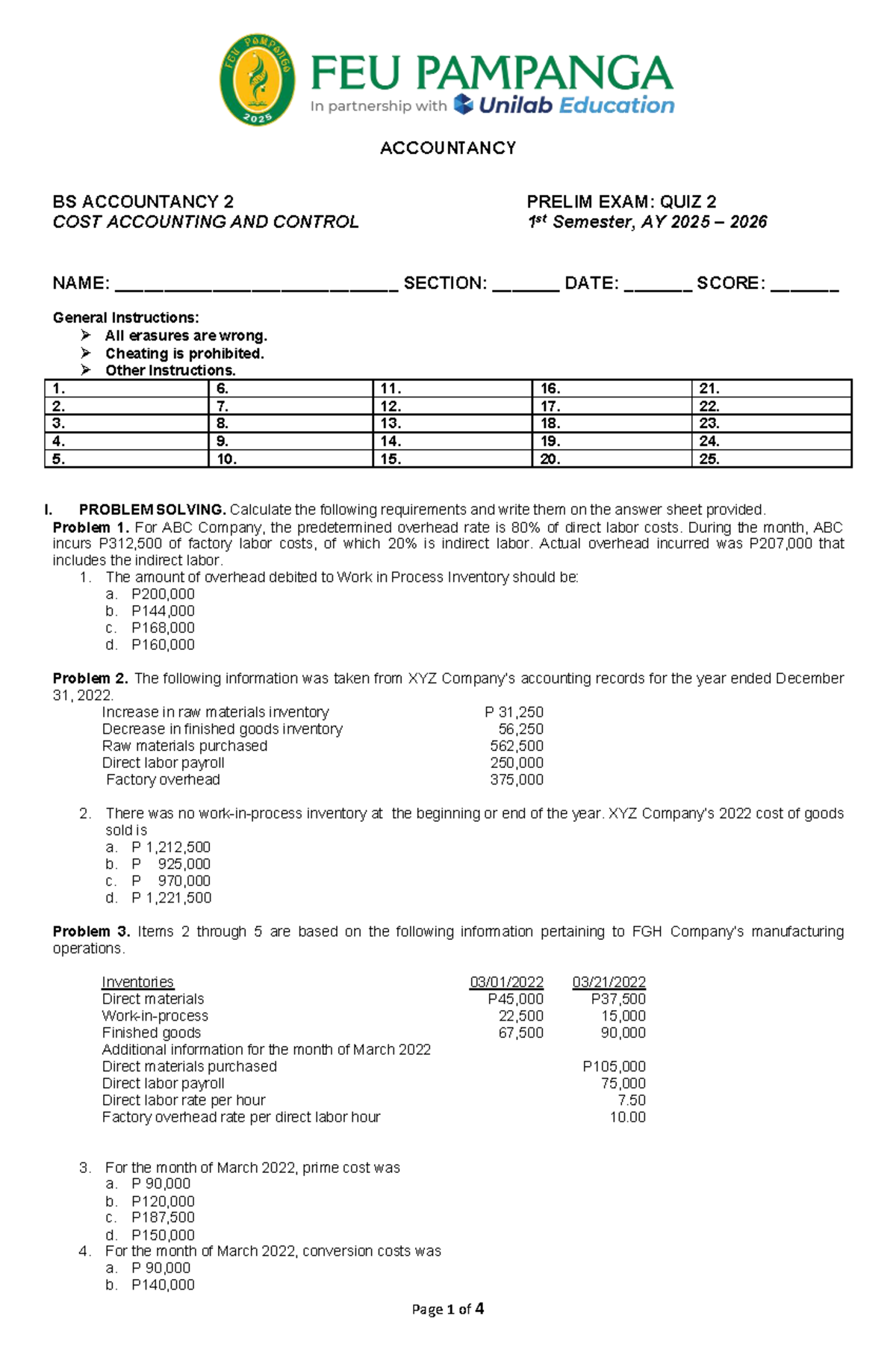 ACCOUNTANCY BS 2 COST ACCOUNTING PRELIM EXAM: QUIZ 2 1st Sem AY 2025 ...