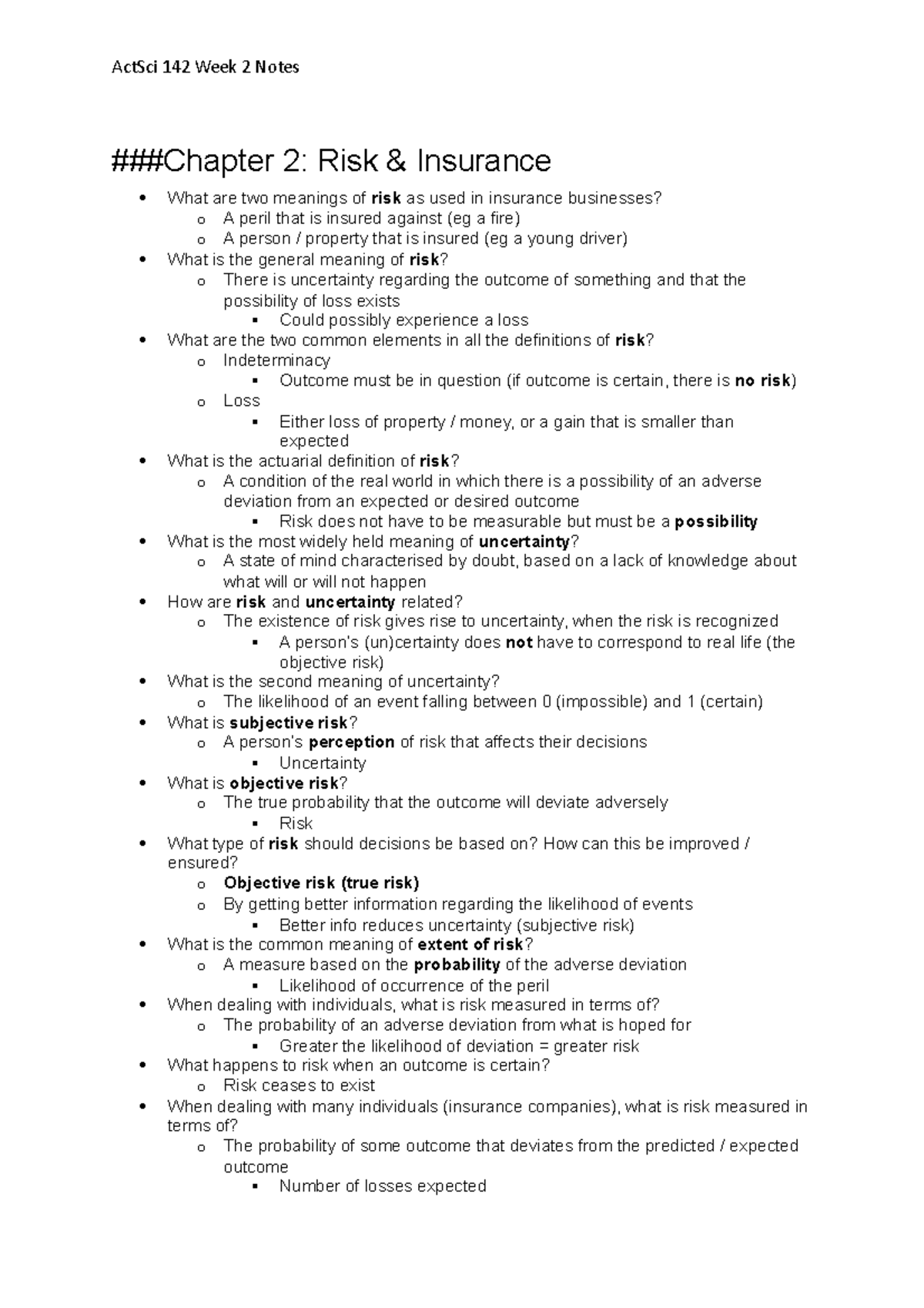 Actuarial Science 142 Week 2 Risk and Insurance Lecture Notes - Studocu