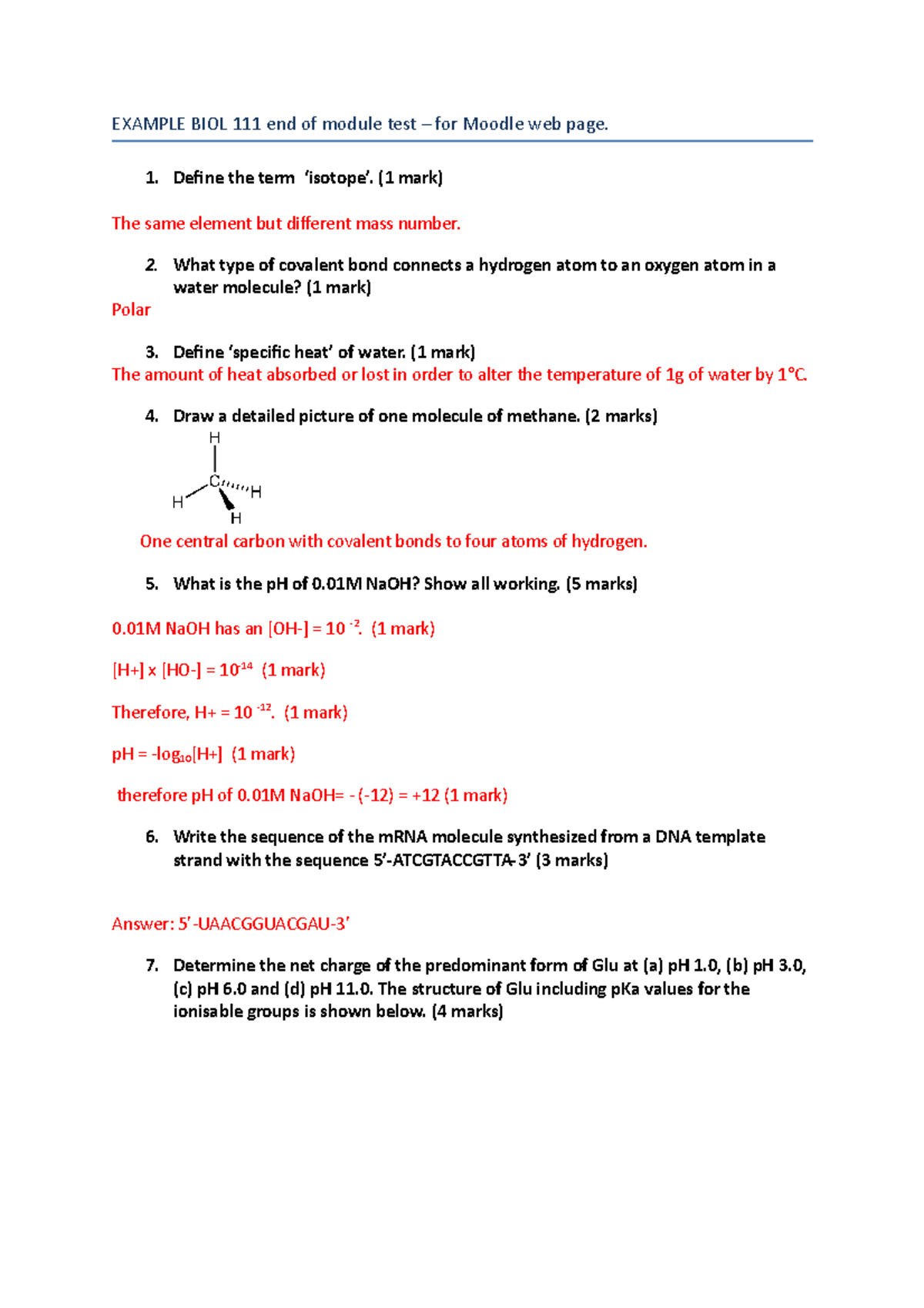 Example test for the BIOL 111 end of module test - Answers - EXAMPLE ...