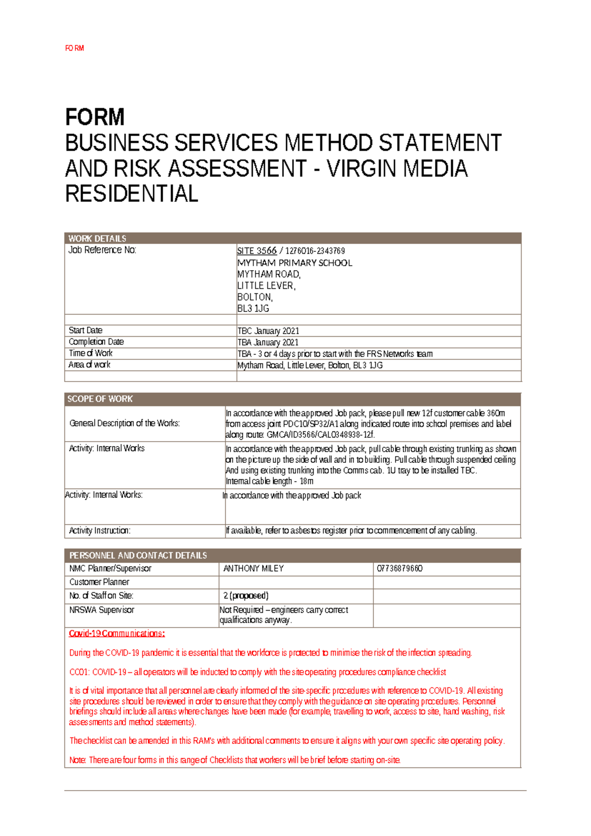 Method Statement and Risk Assessment for VM Site - Job Ref: SITE 3566 ...