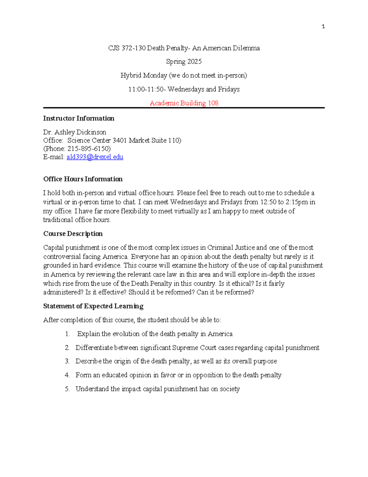 CJS 372 Spring 2025: Death Penalty Course Syllabus & Overview - Studocu