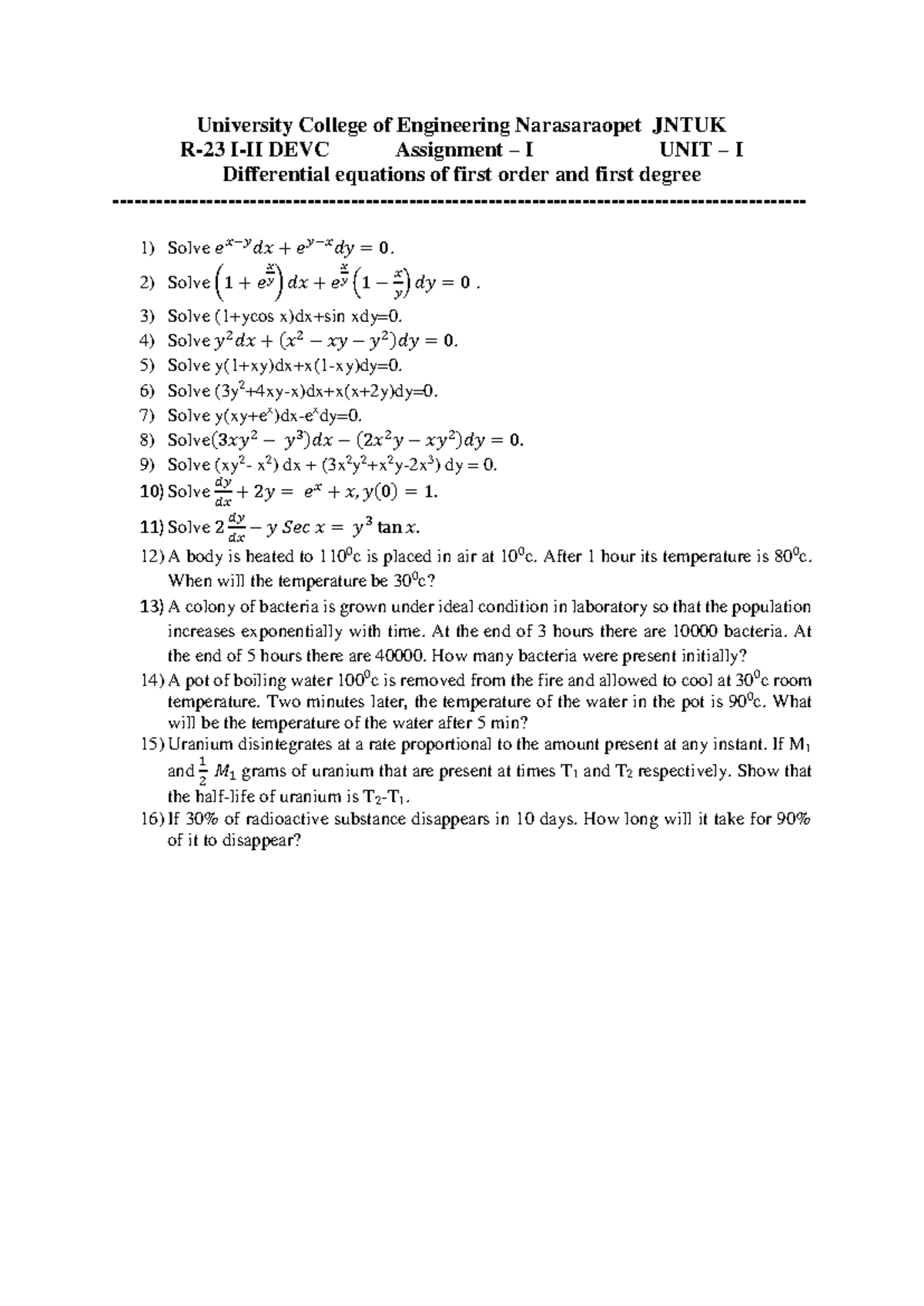 R-23 I-II DEVC Assignment: Differential Equations Unit I & II - Studocu