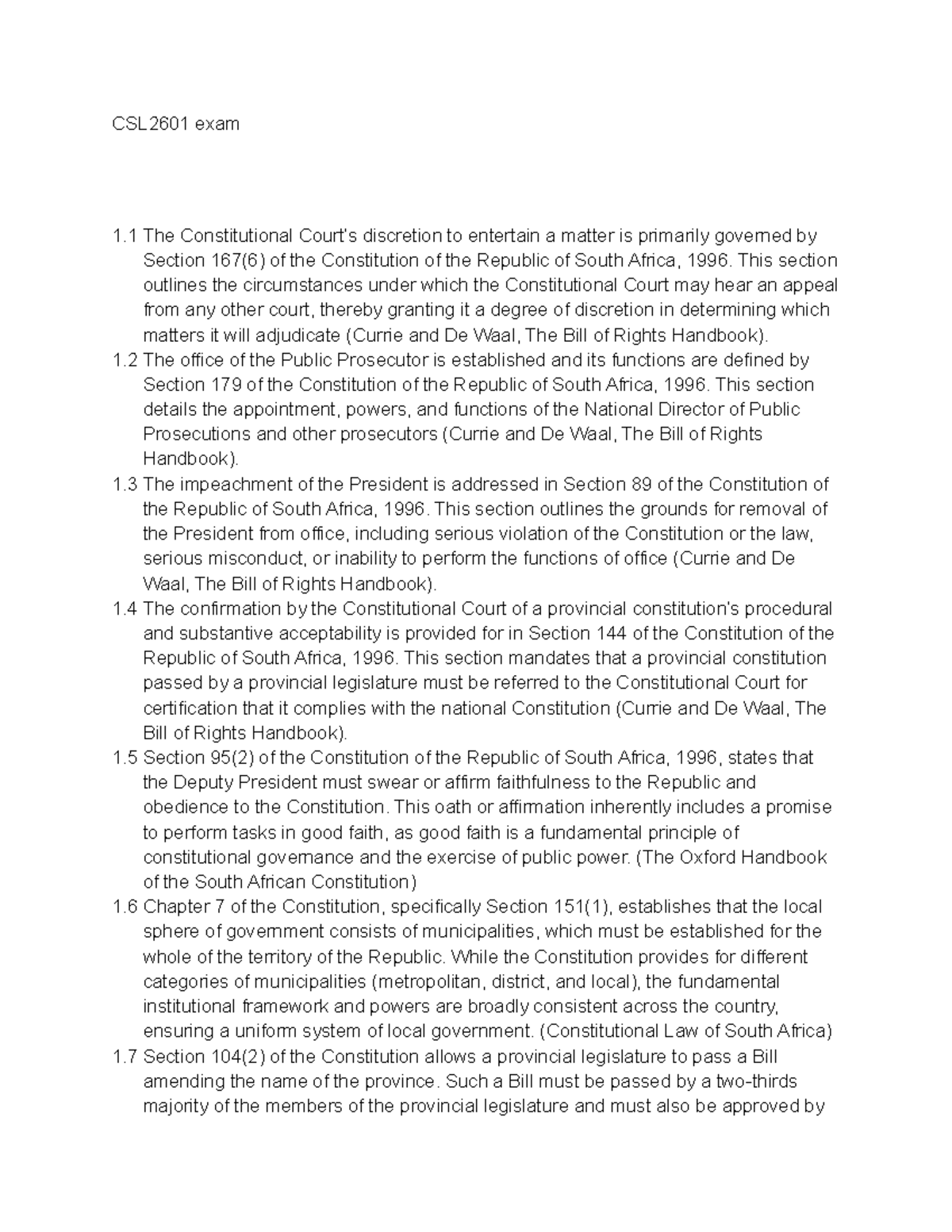 CSL2601 2025 Final Exam: Key Concepts in South African Constitutional ...