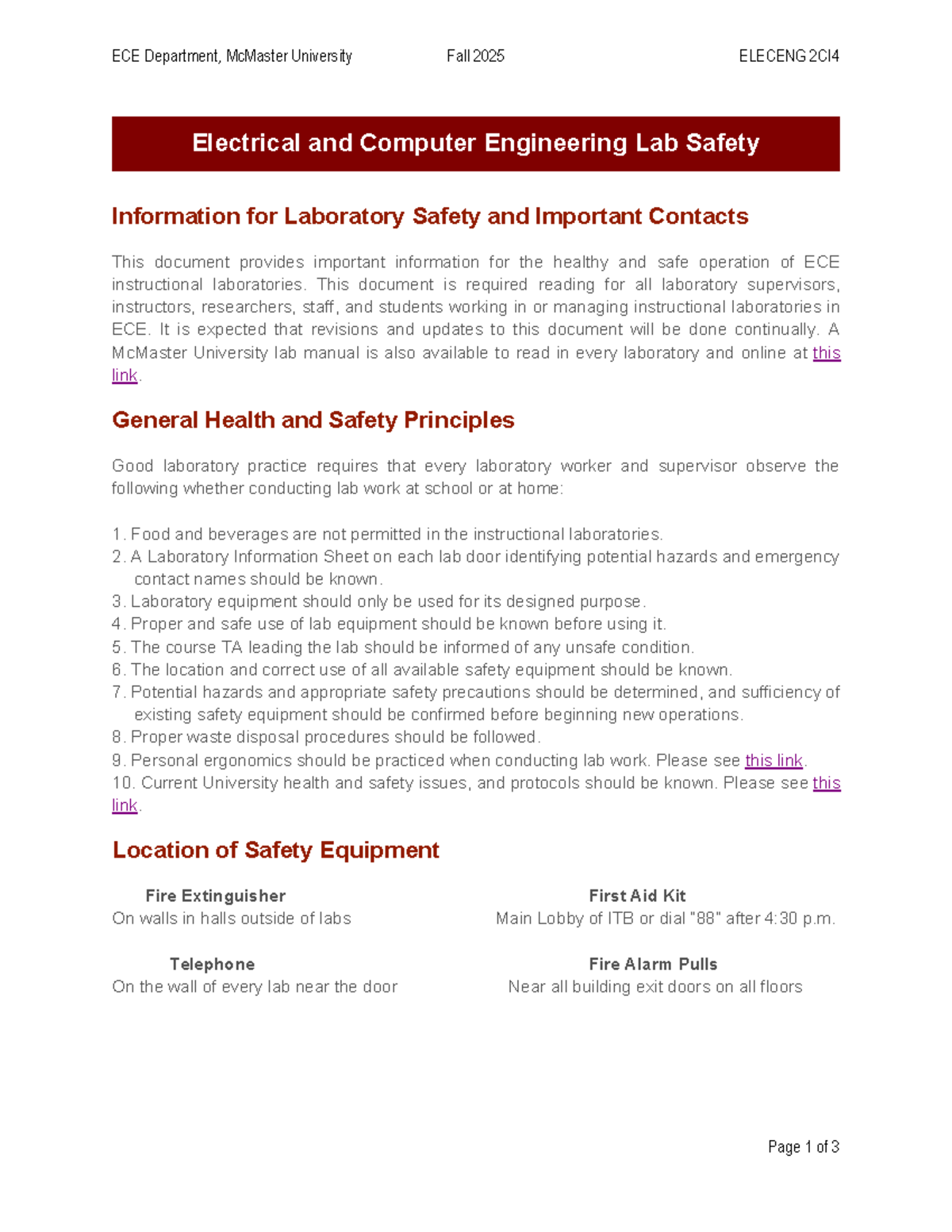 ELECENG 2CI4 Fall 2025 ECE Lab Safety Guidelines and Contacts - Studocu