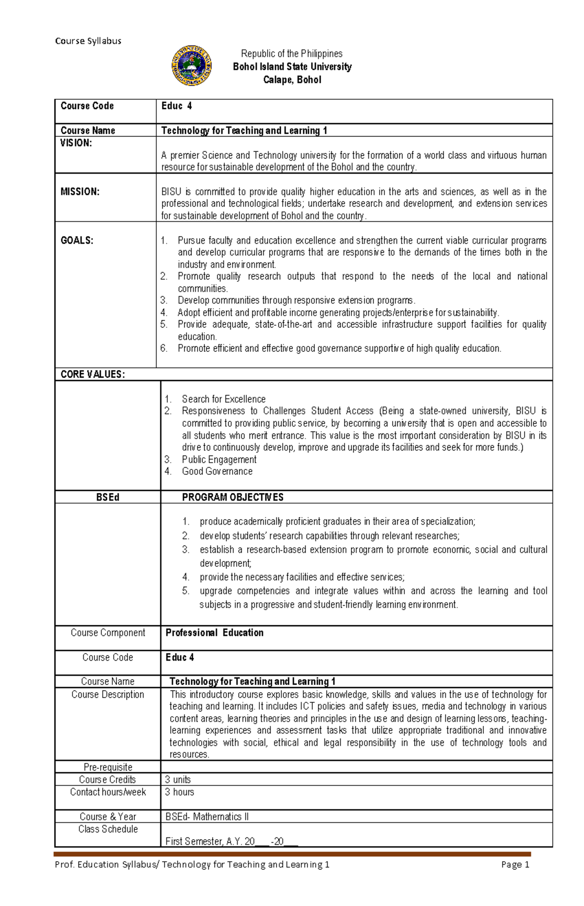 Educ 4 - Syllabus for Technology in Teaching and Learning 1 - Studocu