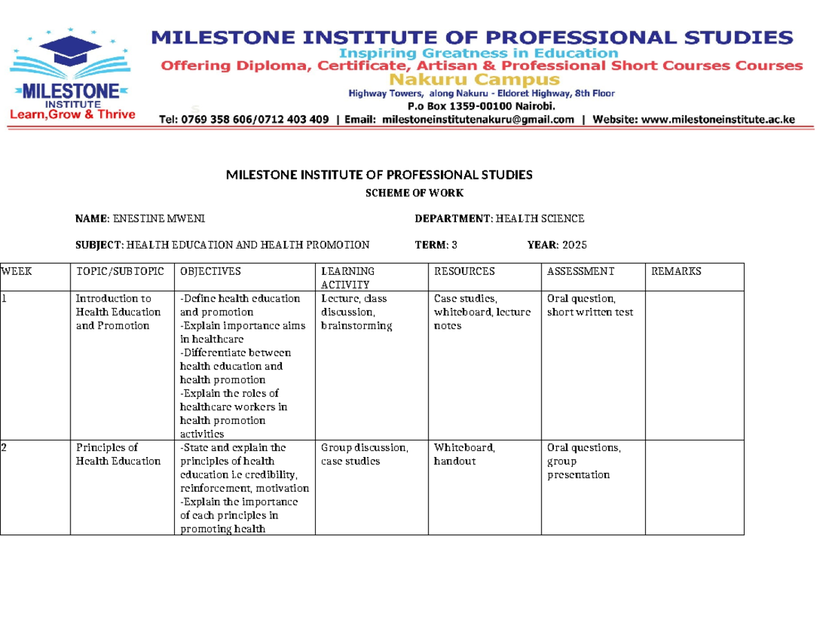 Health Education & Promotion Scheme of Work - Term 3 (2025) - Studocu