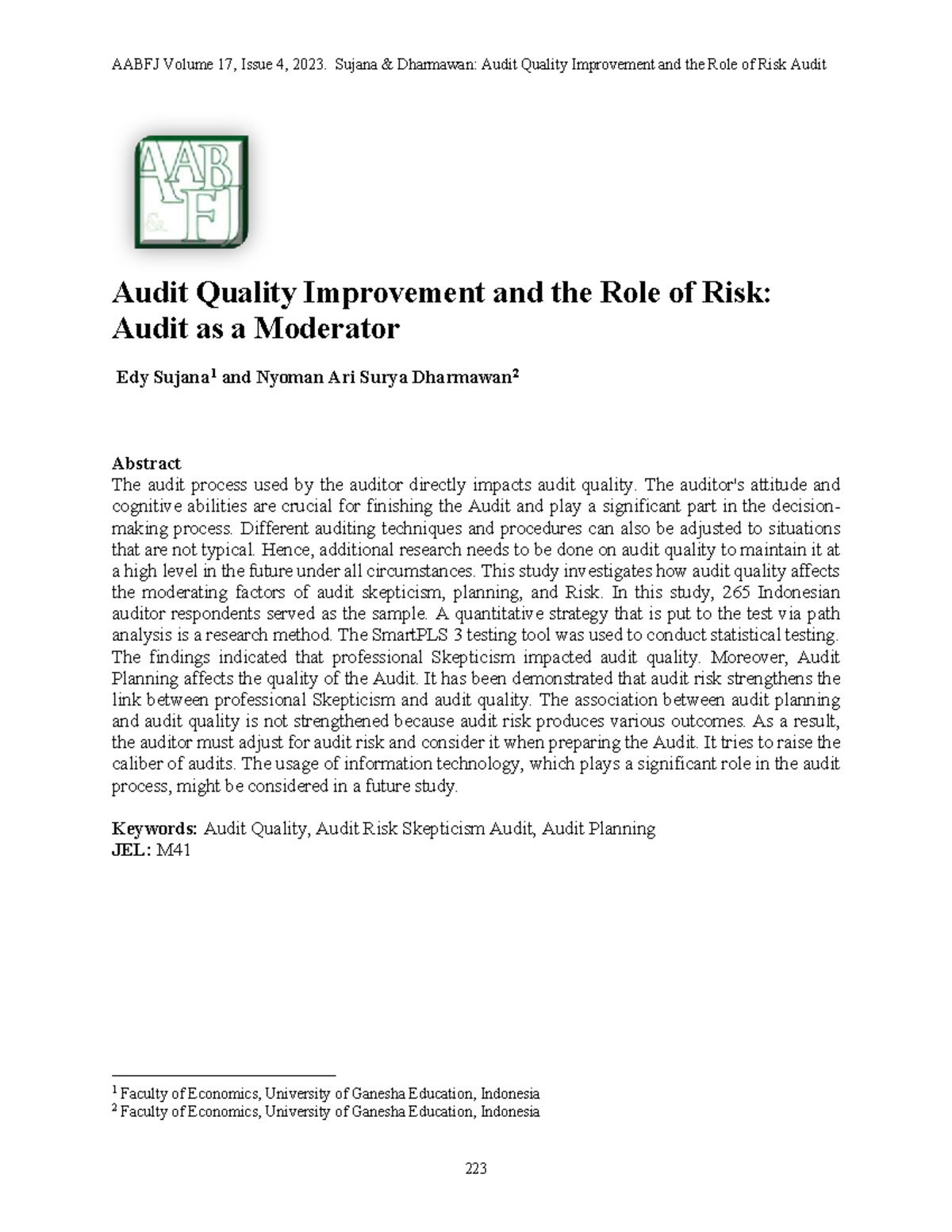 AABFJ Volume 17, Issue 4, 2023: Audit Quality & Risk Moderation ...