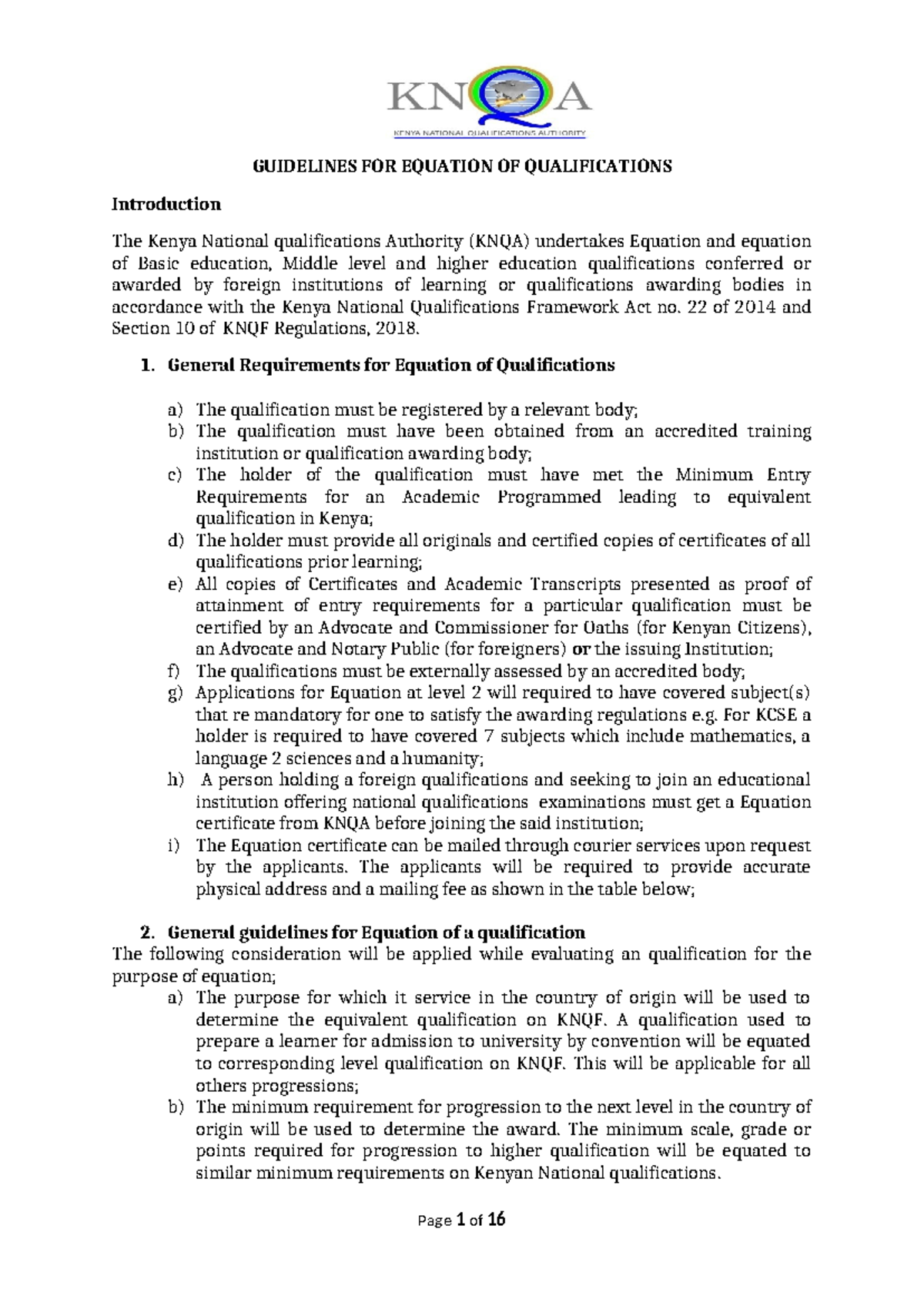 Guidelines for Equation of Qualifications in Kenya (KNQA 2019) - Studocu
