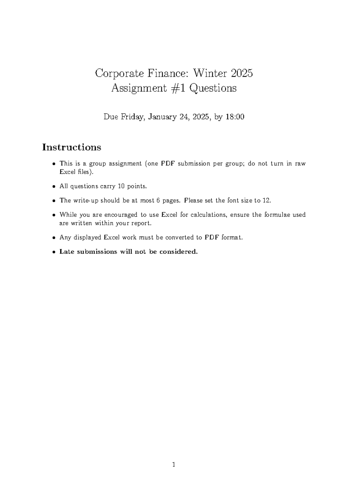 Corporate Finance (FIN 301): Winter 2025 Group Assignment Questions ...