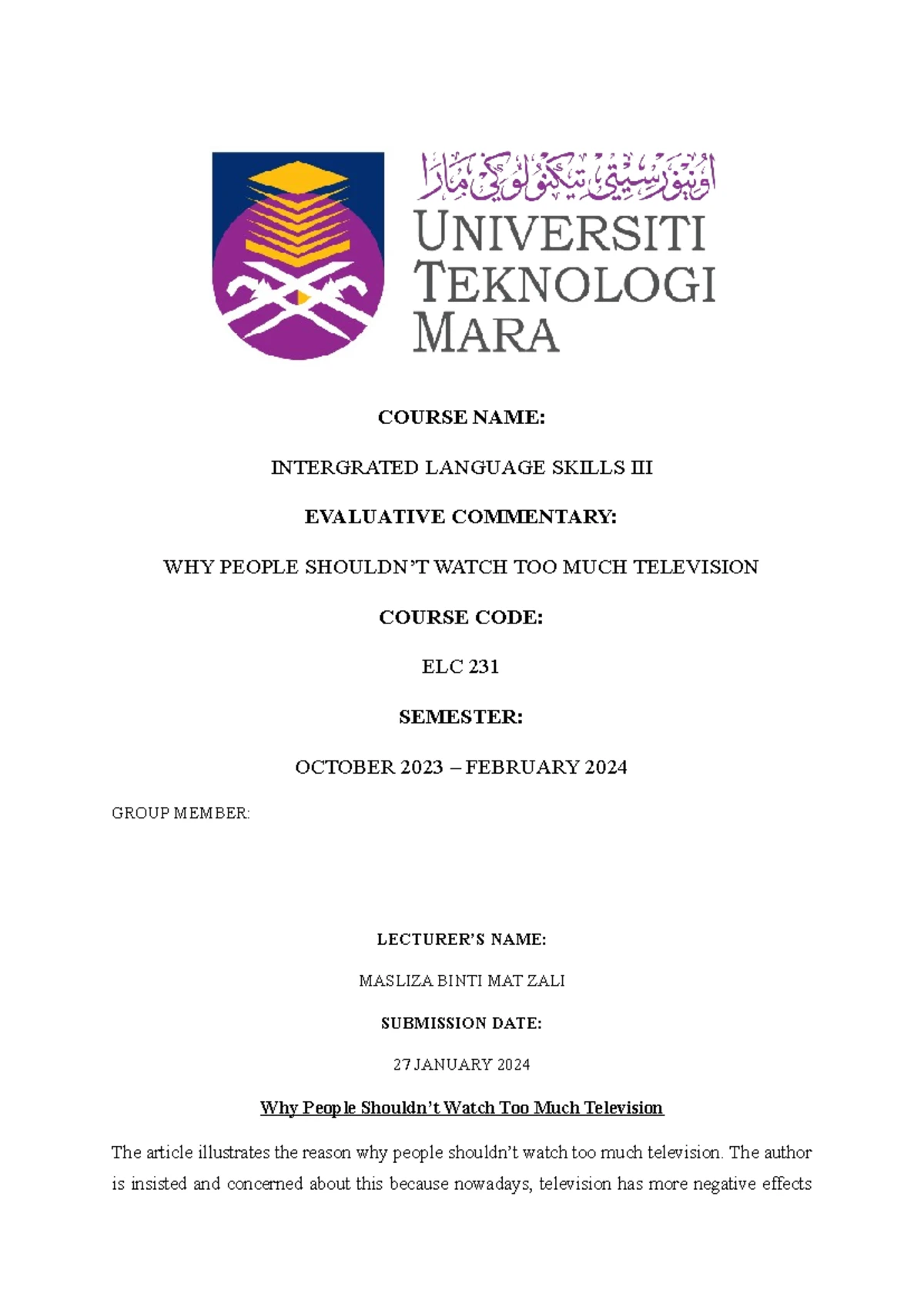 DIPLOMA IN ACCOUNTANCY (AC110) LAW346 ASSIGNMENT: CONSTITUTION ...