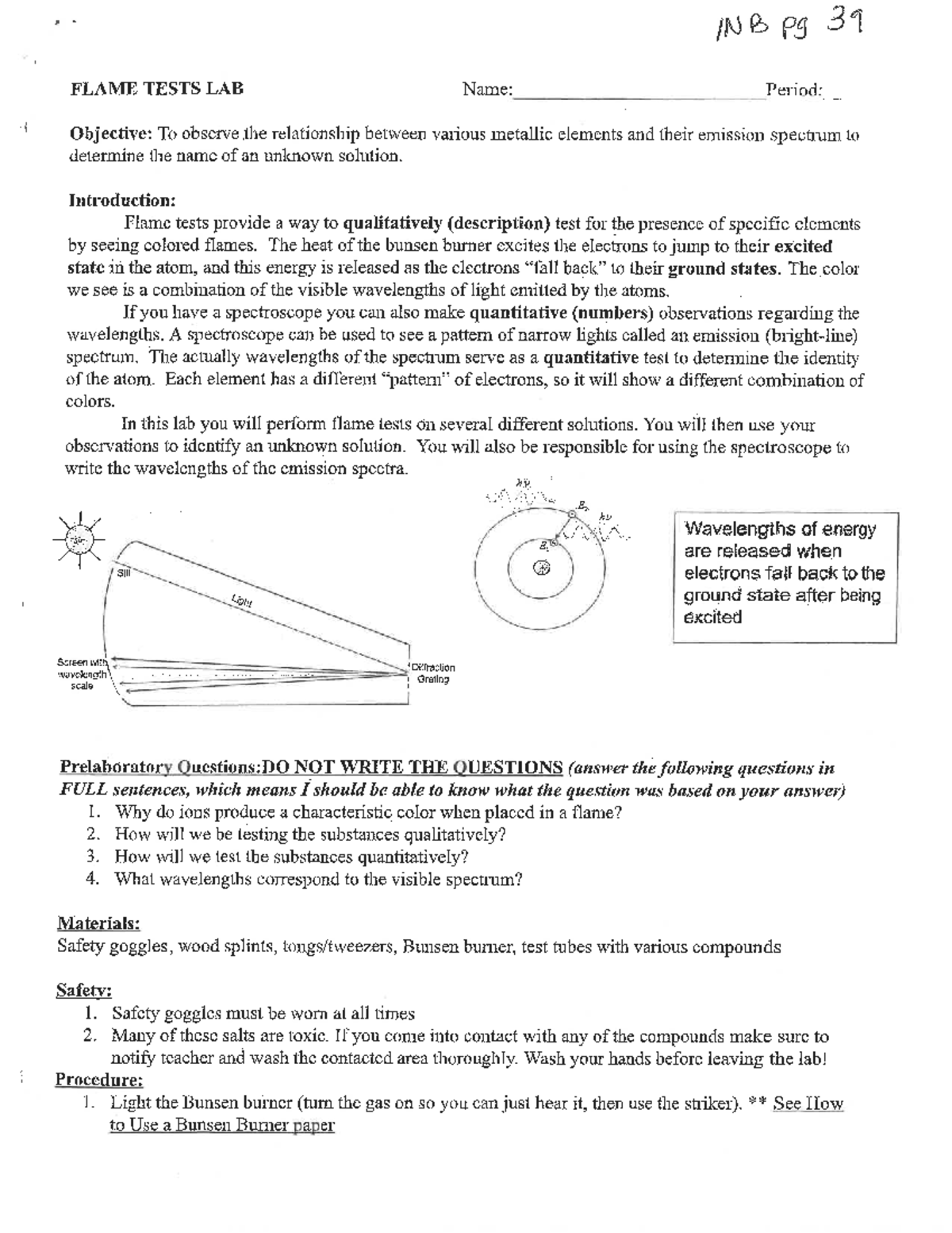 Flame tests lab - INB pg 39 FLAME TESTS LAB Name: Period: Objective: To ...