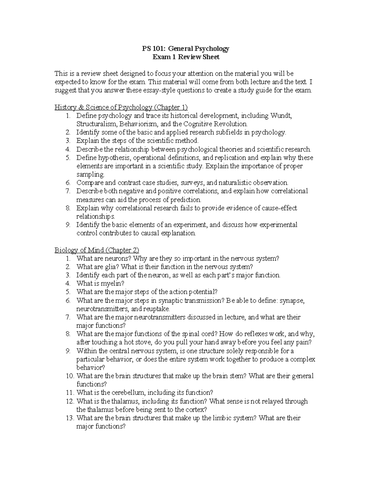 PS 101: General Psychology Exam 1 Review & Study Guide - Studocu