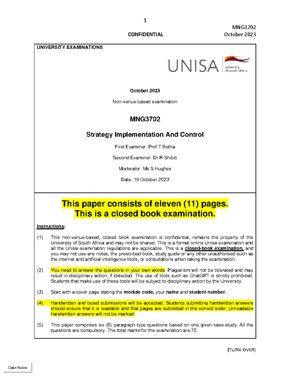 MNG3702 Oct 2023 Final Exam: Strategy Implementation & Control - Studocu