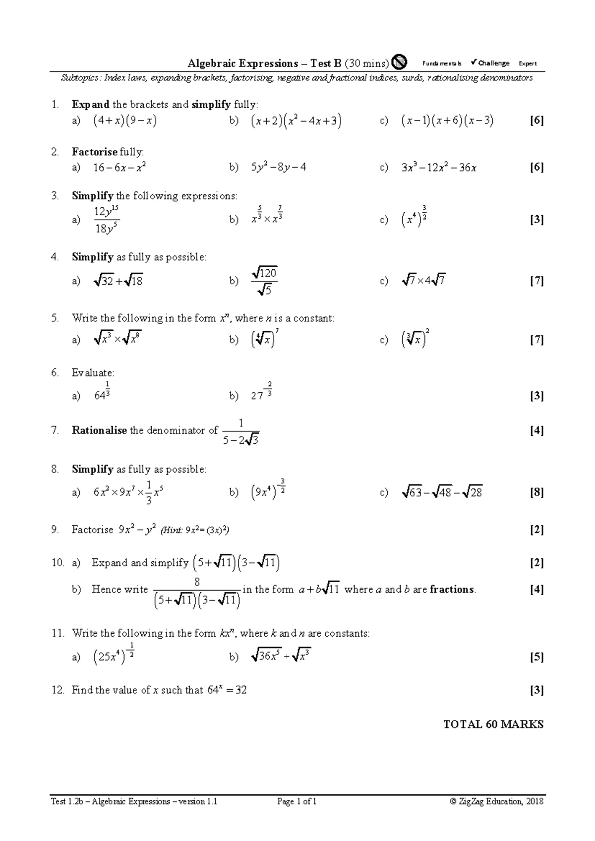 AS Pure Maths Tests - Algebra, Quadratics, Graphs & Vectors - Test B ...