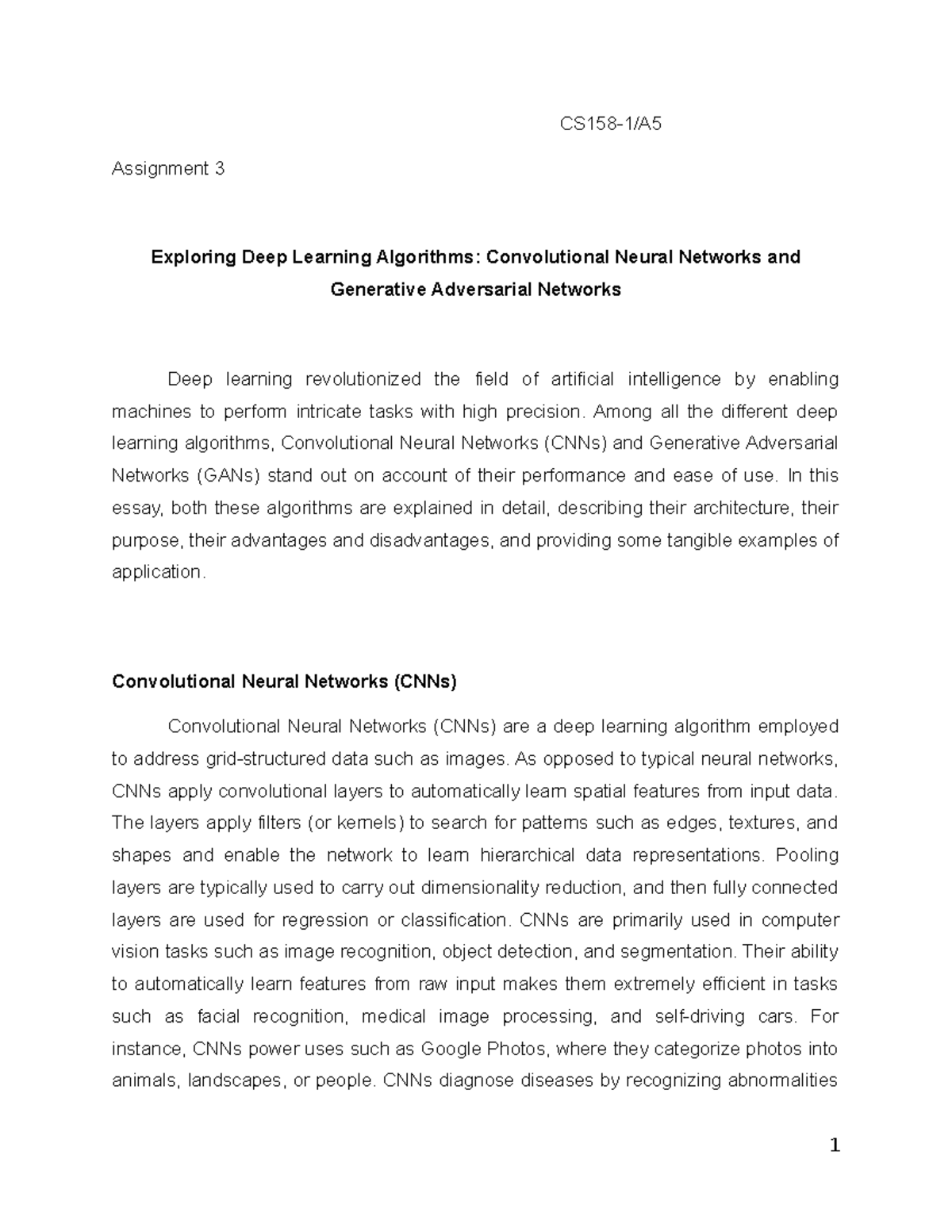 AI Lecture: Exploring CNNs and GANs in Deep Learning Algorithms - Studocu