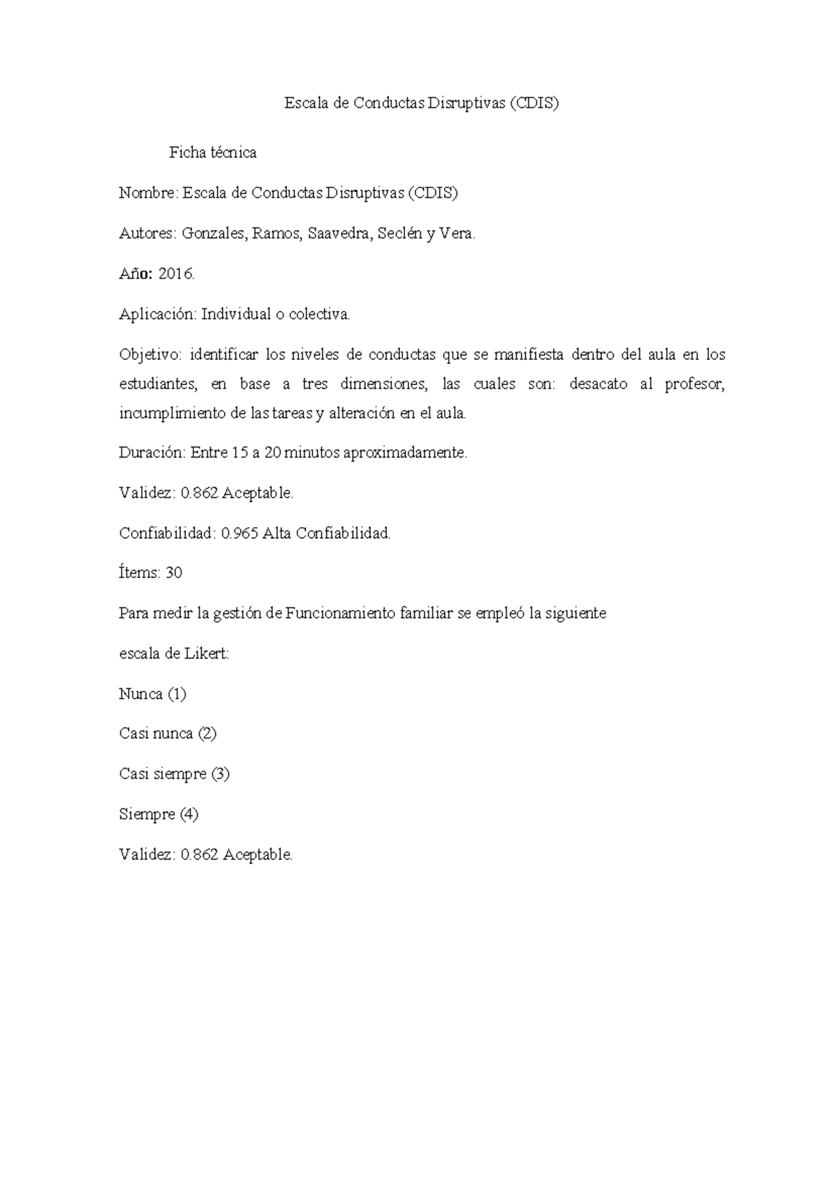 Ficha Técnica de la Escala de Conductas Disruptivas (CDIS) 2016 - Document Preview