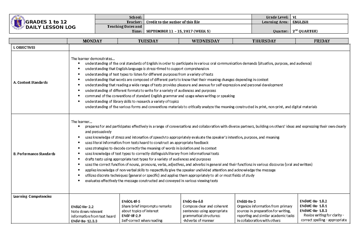 DLL English 6 Q2 W5 - lecture - GRADES 1 to 12 DAILY LESSON LOG School ...
