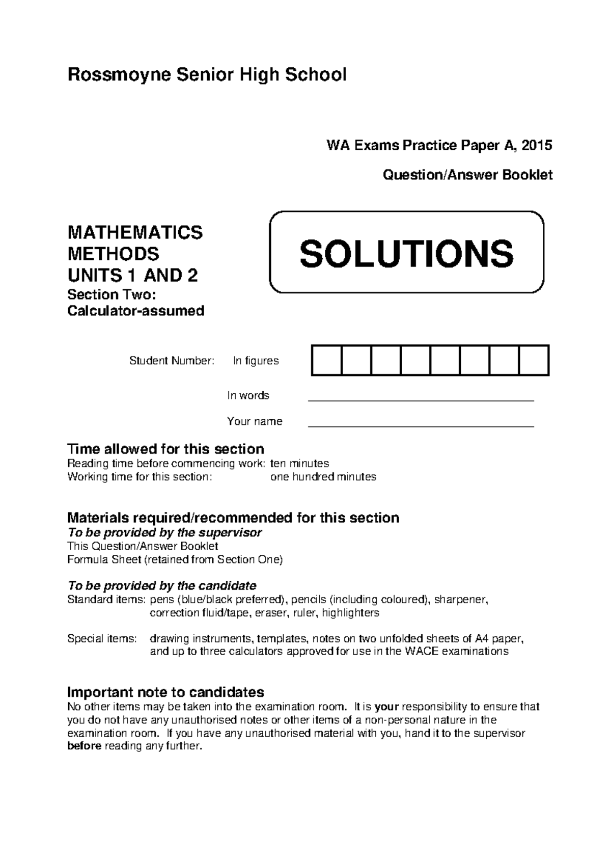 WAEP 2015 MATH METHODS U1 & U2 PRACTICE A SECTION 2 SOLUTIONS - Studocu
