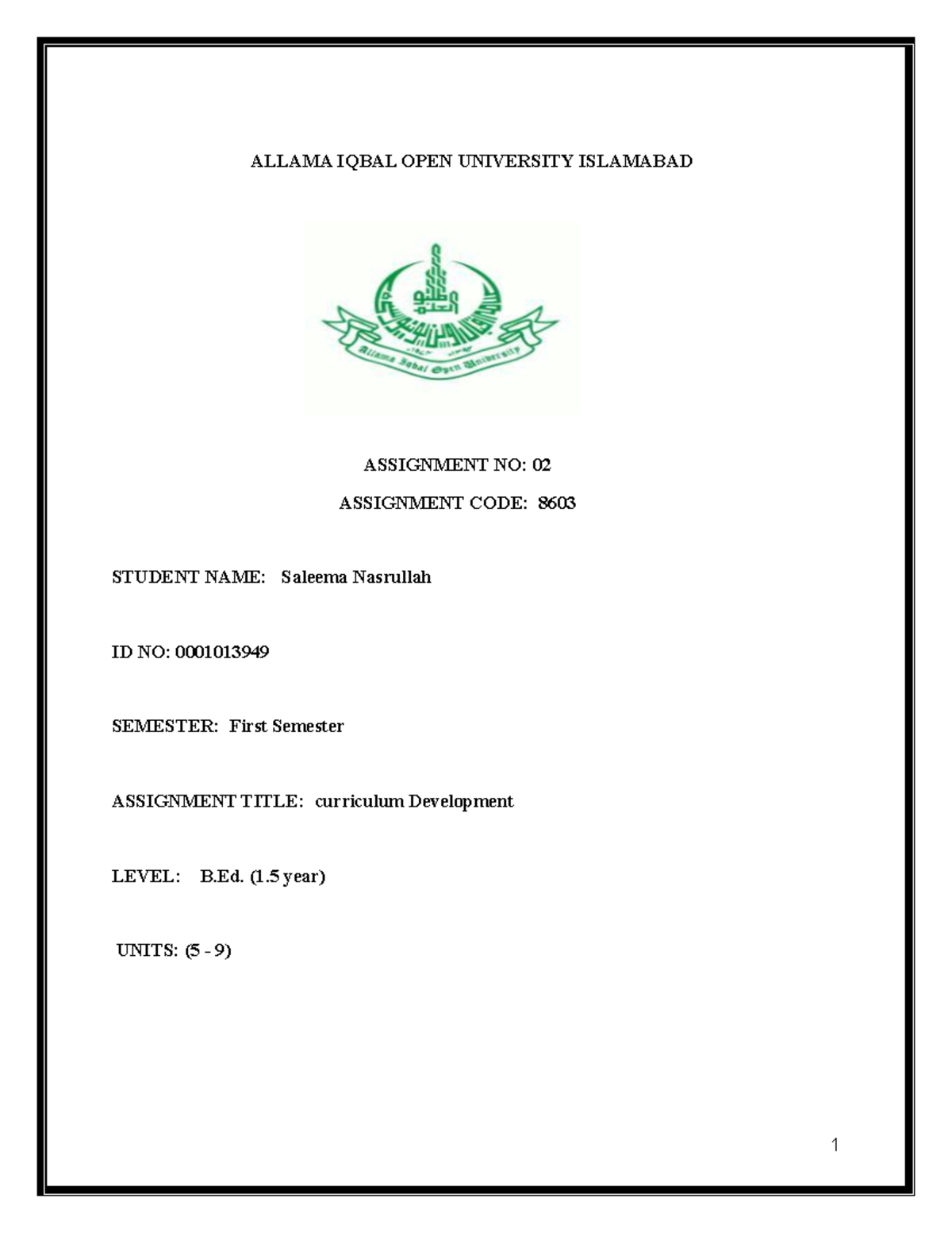 (8603) B.Ed. Assignment No. 2: Curriculum Development & Evaluation ...