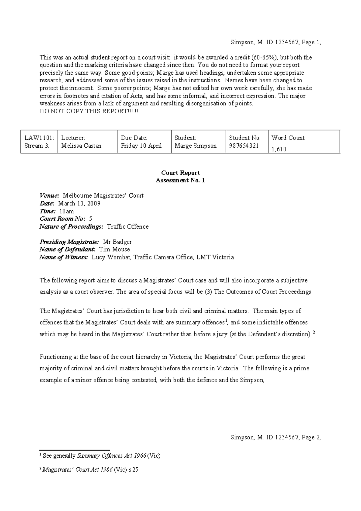 LAW1101: Court Visit Report Analysis - Assessment No. 1 - Studocu