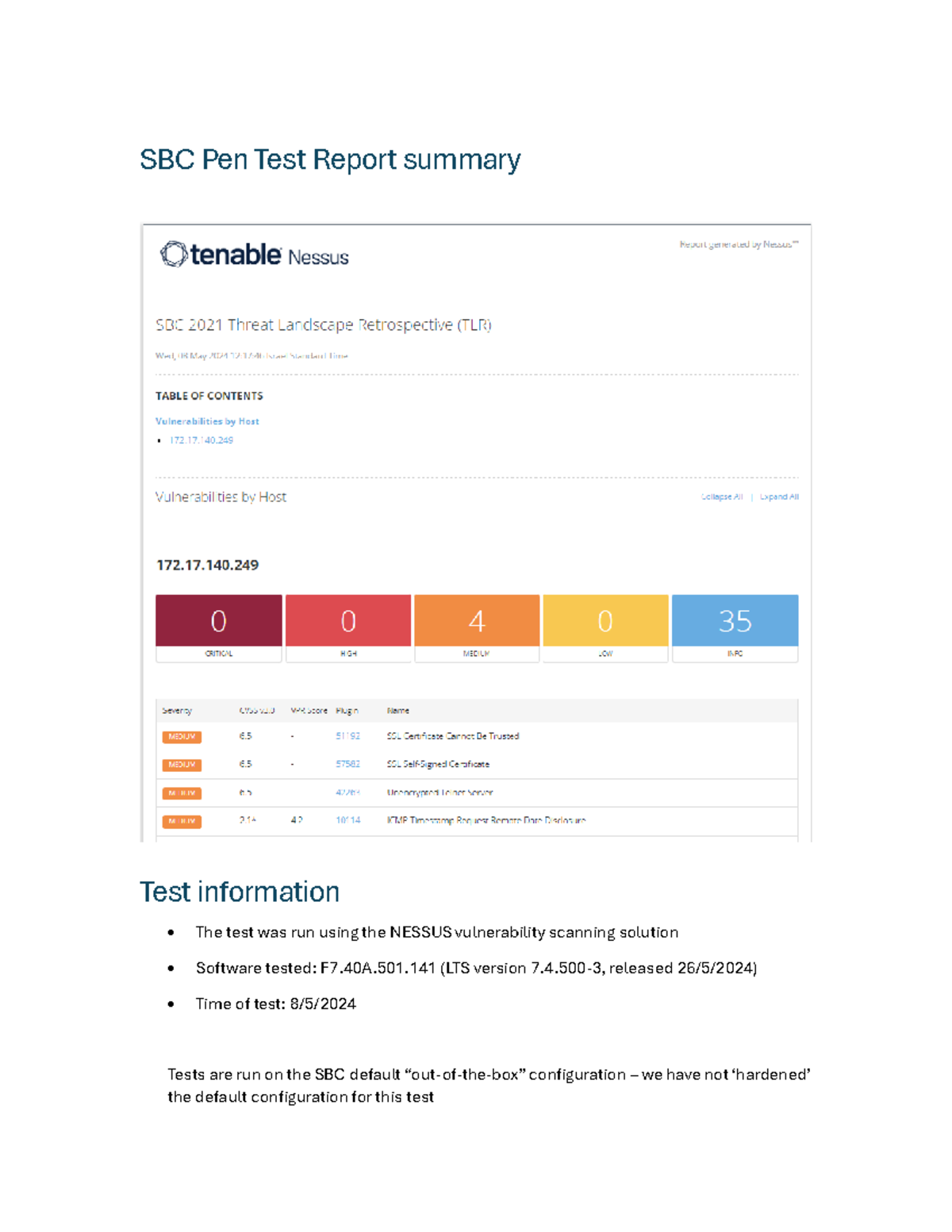 SBC Pen Test Report Summary: NESSUS Scan Results for F7.40A.501.141 ...