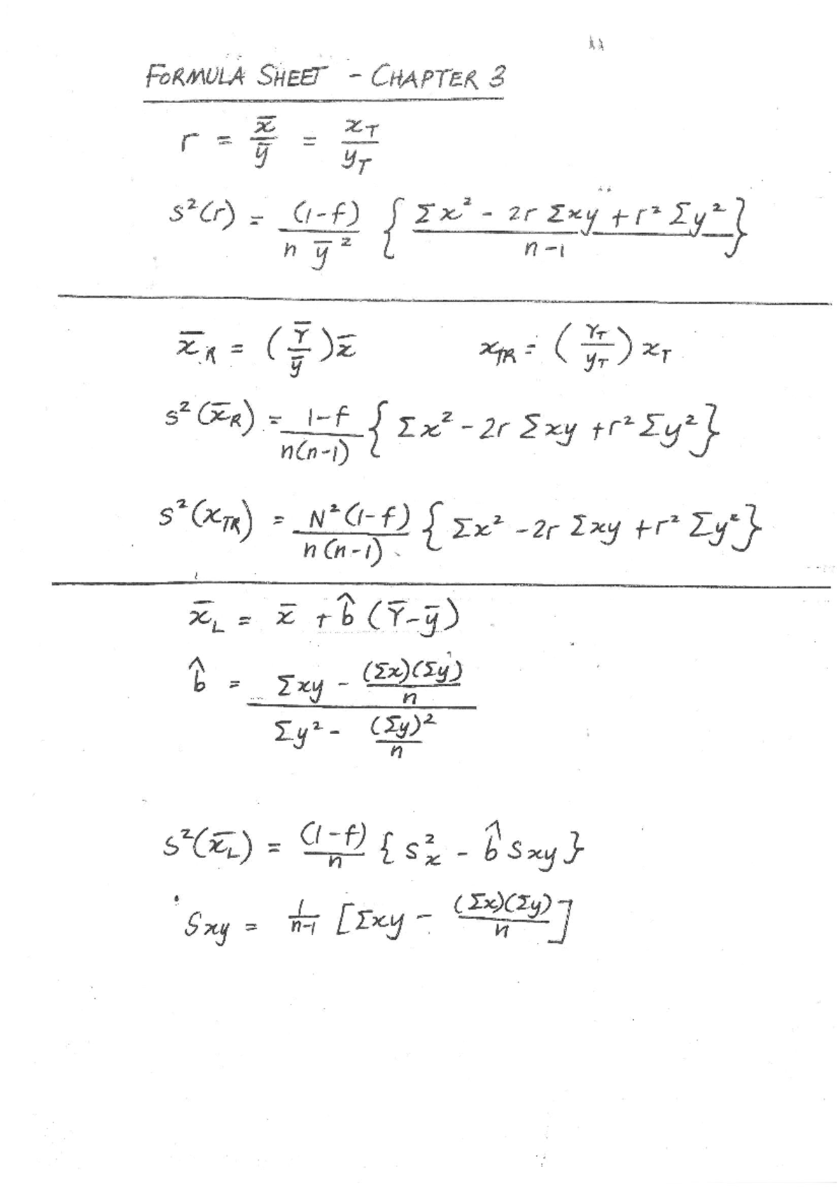 Formula for test 2 - STAT221 - FORMULA SHEET - CHAPTER 3 r = Wiss = XT ...