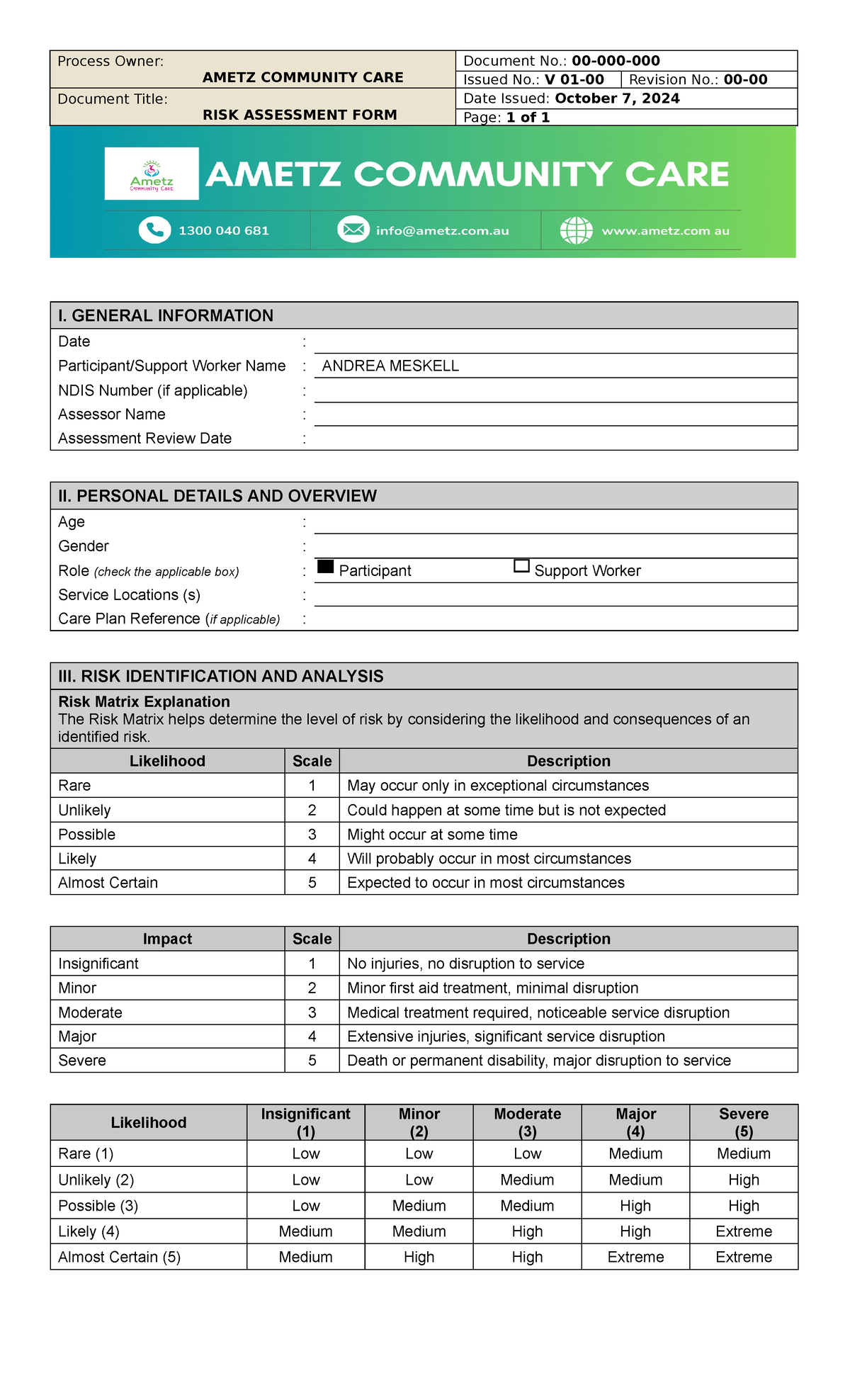 RISK Assessment General FORM - Process Owner: AMETZ COMMUNITY CARE ...