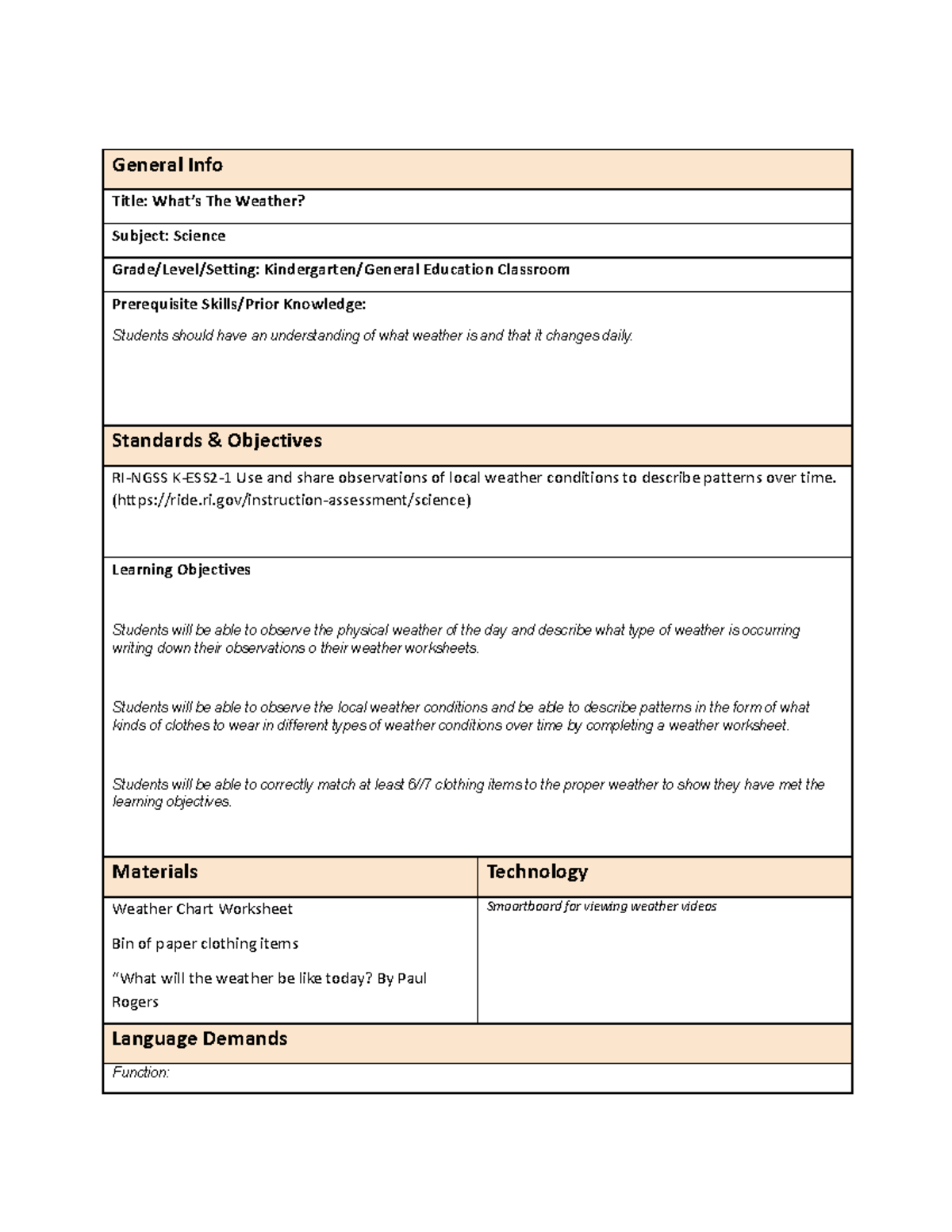 KIND-101 Science Lesson Plan: Observing Weather Patterns in K Classroom ...