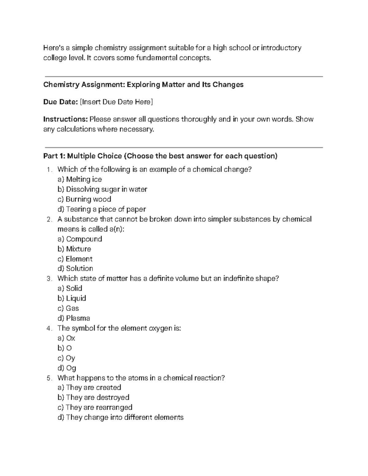 Chemistry Assignment: Exploring Matter & Changes - High School Level ...