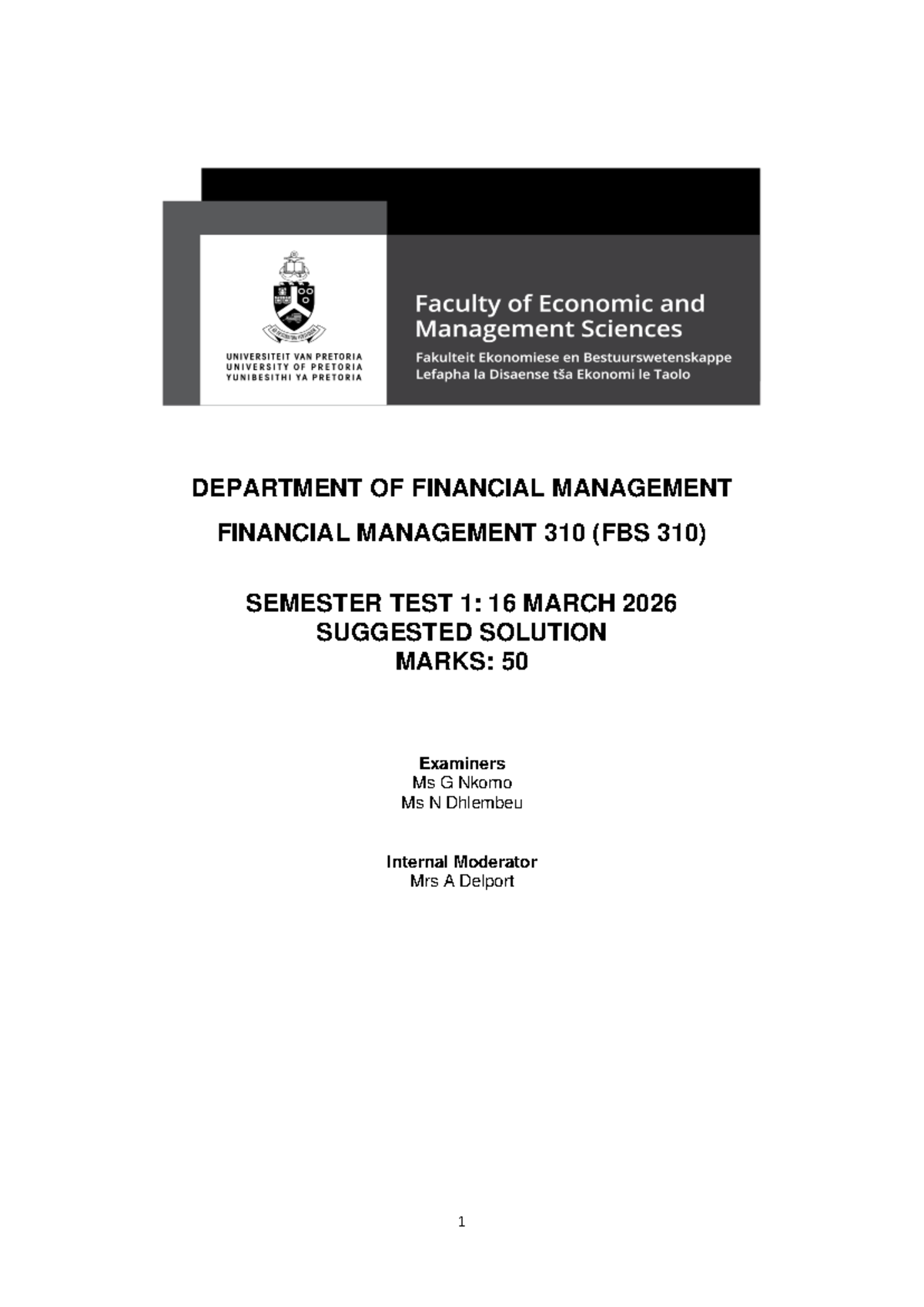 2026 FBS 310 Financial Management Semester Test 1 Solutions - Studocu