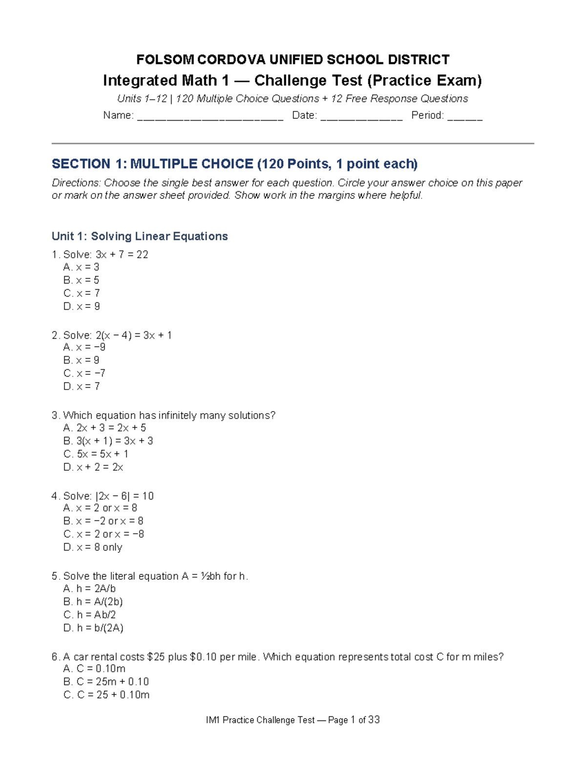 IM1 Challenge Test - Integrated Math 1 Practice Exam - Studocu