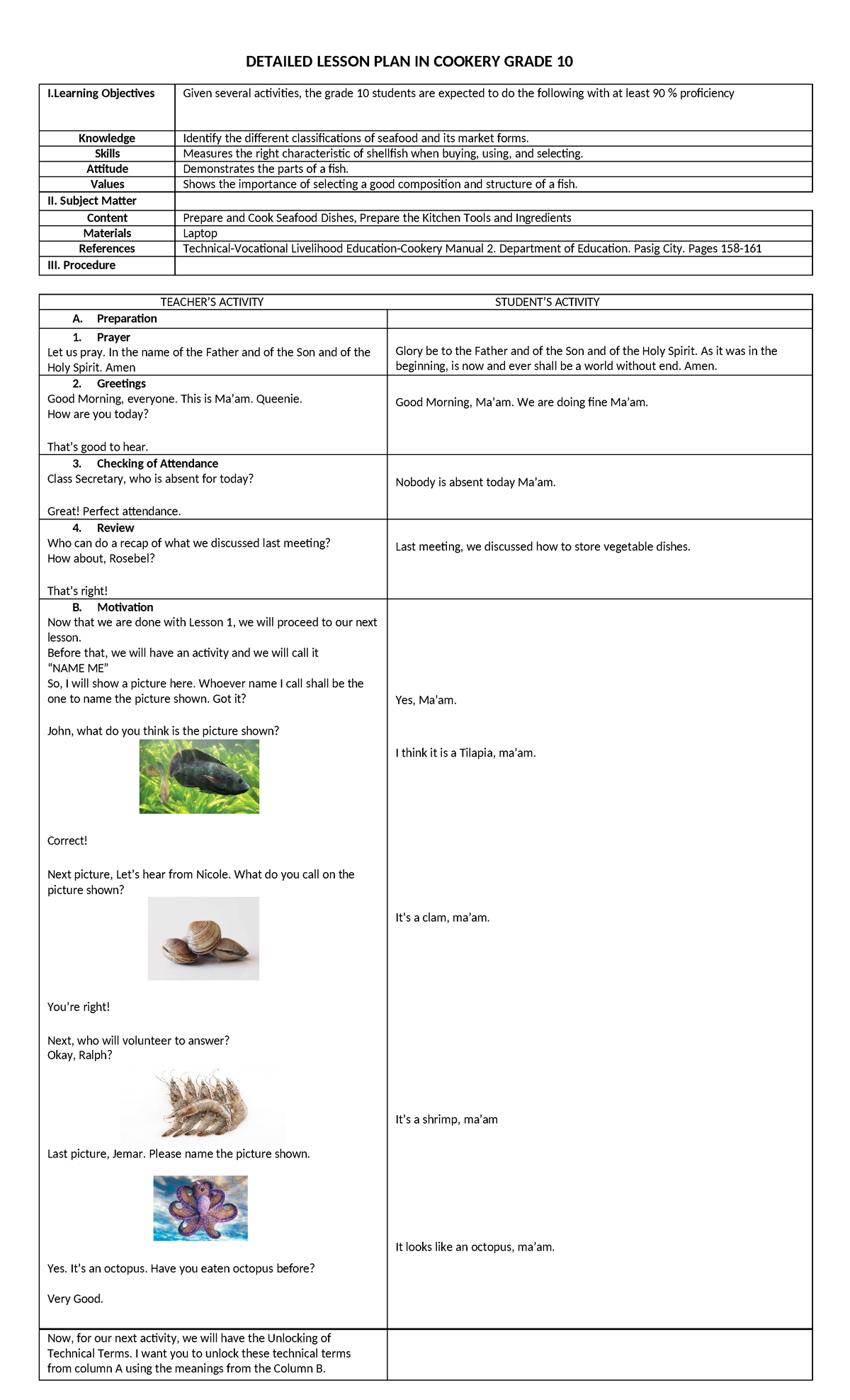 Detailed Lesson Plan in Cookery Grade 10: Seafood Classifications and ...