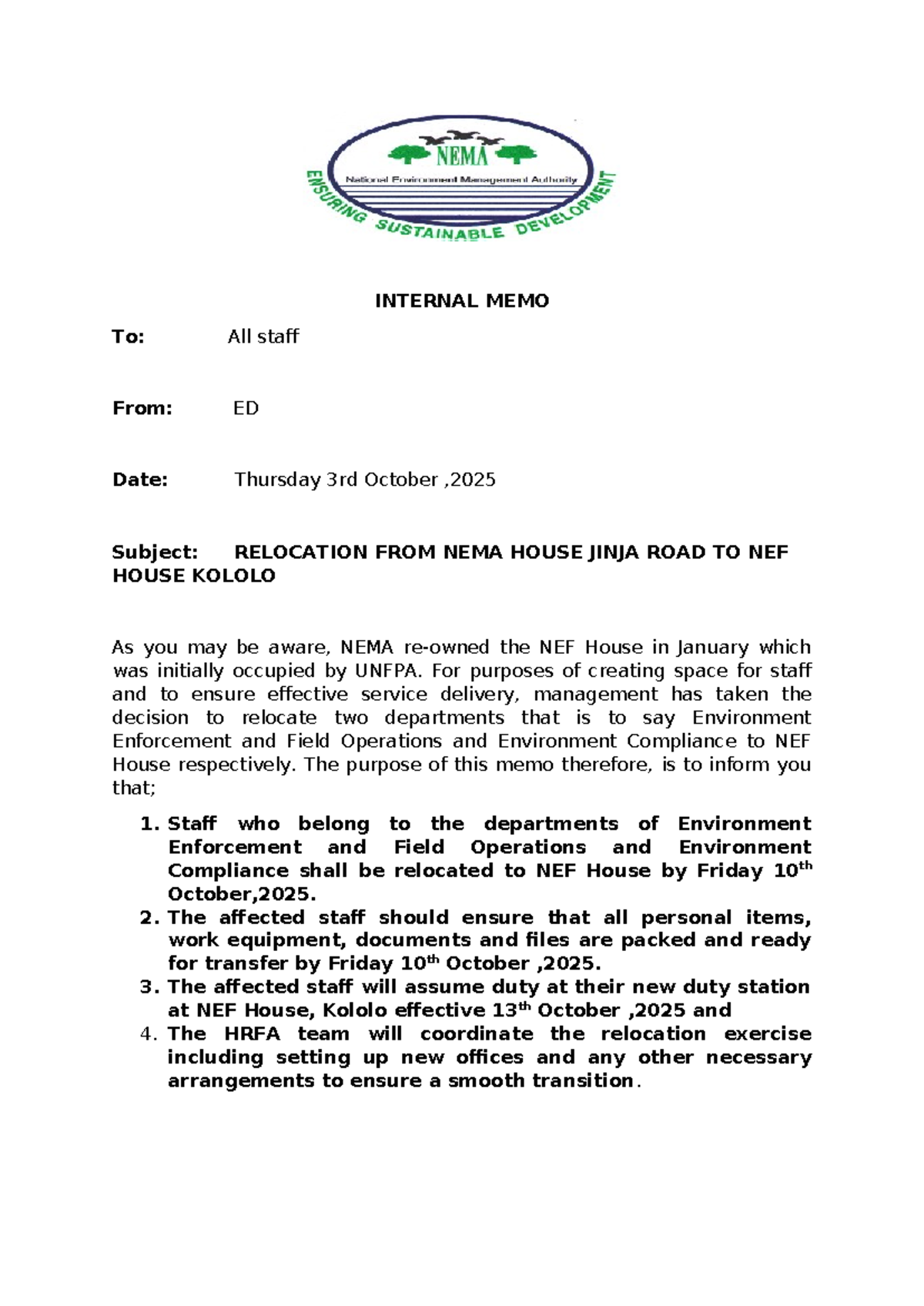 Staff Relocation Memo: NEF House Transition - Phase 3 - Studocu