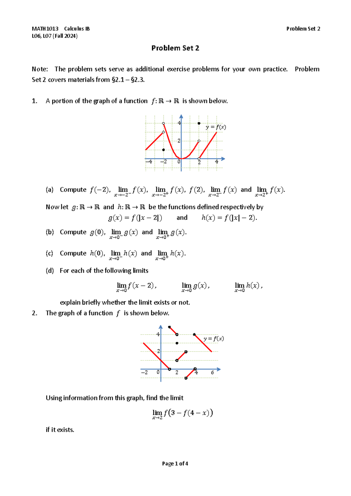 MATH1013 Calculus IB L06, L07 (Fall 2024) Problem Set 2 Solutions - Studocu