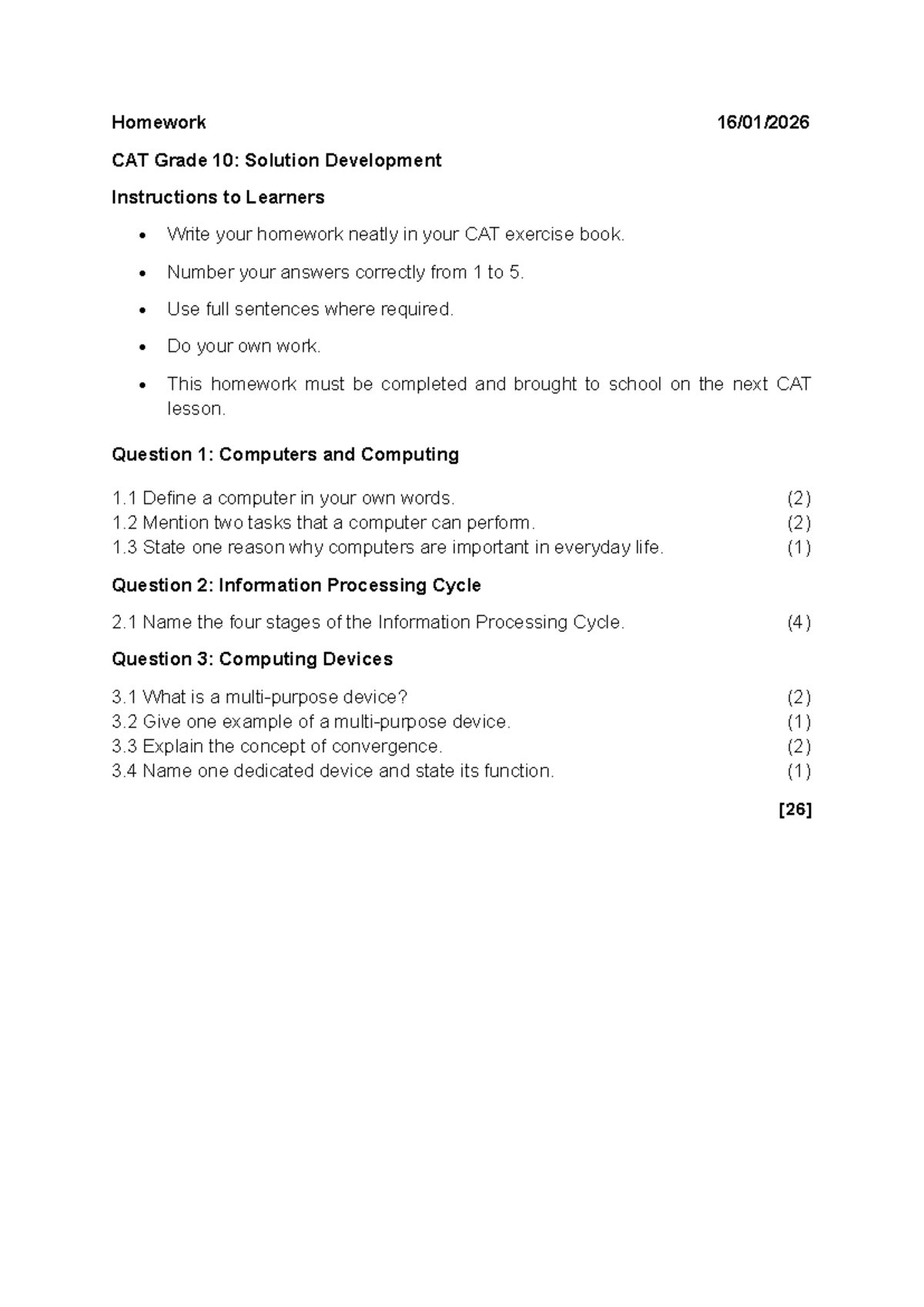 Homework CAT Grade 10: Computing & Info Processing Tasks - Studocu