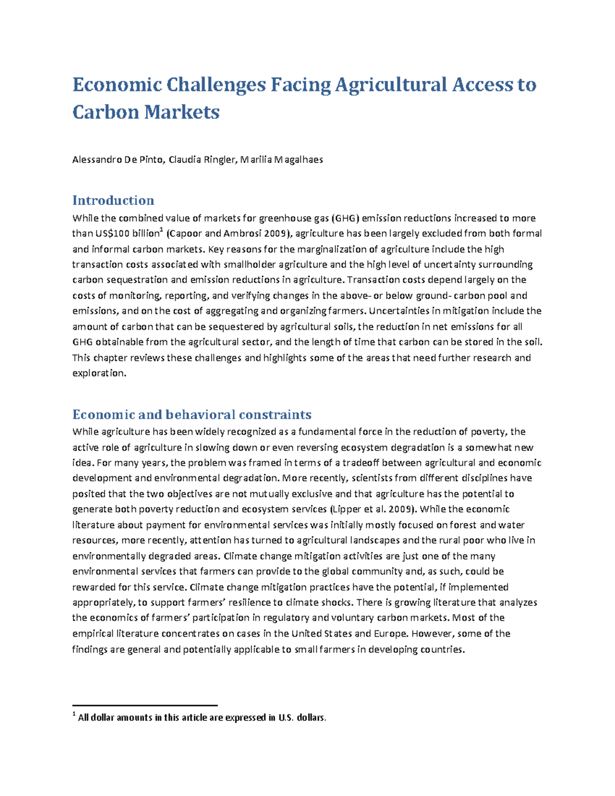 Economic Challenges in Agriculture's Access to Carbon Markets (AGRI ...