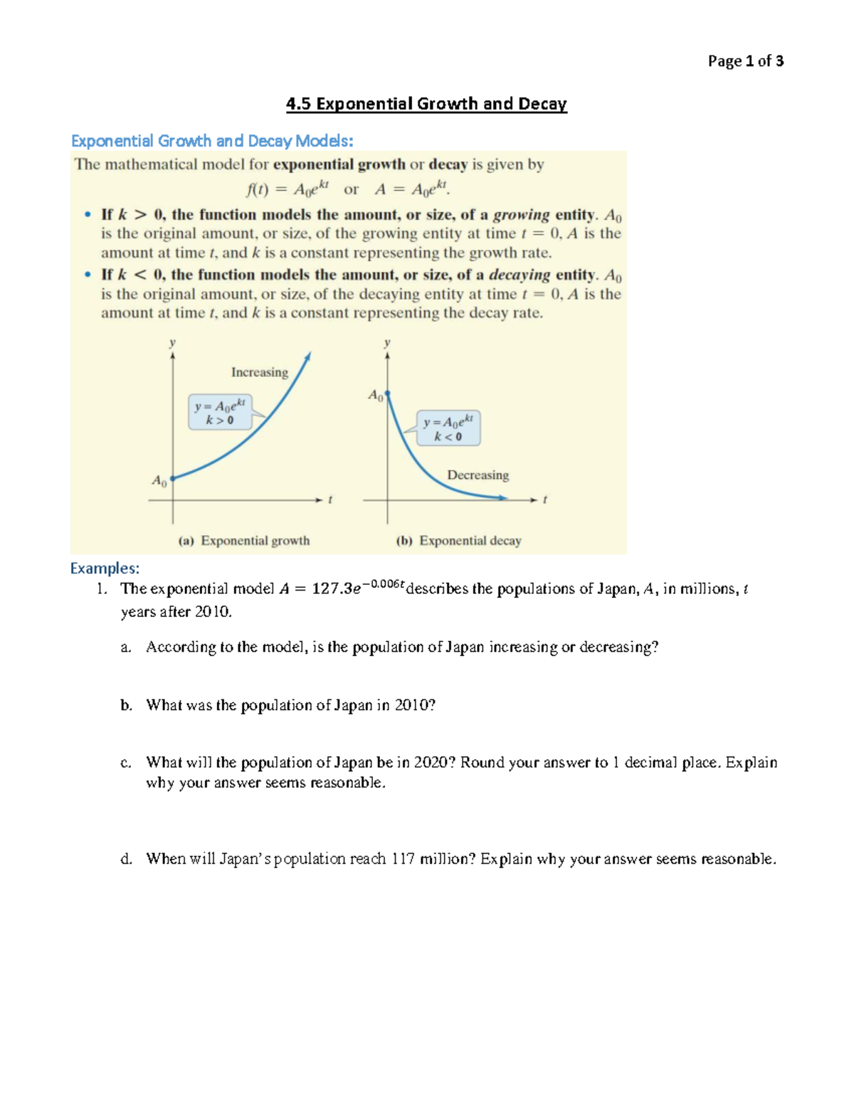 4.5 Exponential Growth and Decay Models: Analysis and Examples - Studocu