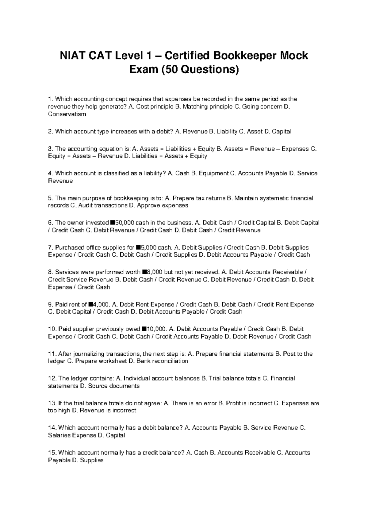 NIAT CAT Level 1 Certified Bookkeeper Mock Exam (50 Questions) - Studocu
