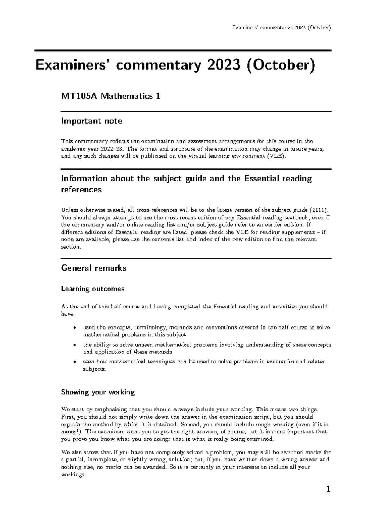MT105A Mathematics 1 Commentary - Exam Insights (October 2023) - Studocu