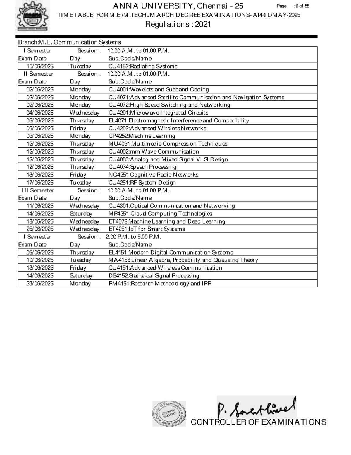 PG Timetable 2021 Regulations for M.E. Programs at Anna University ...