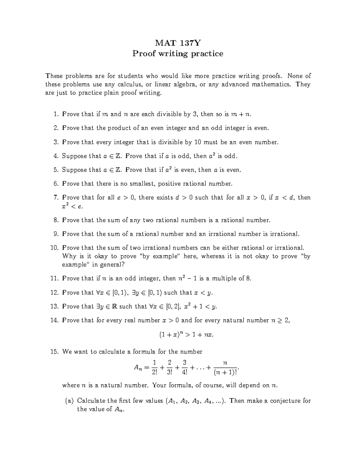 MAT 137Y Proof Writing Practice Problems and Solutions - Studocu