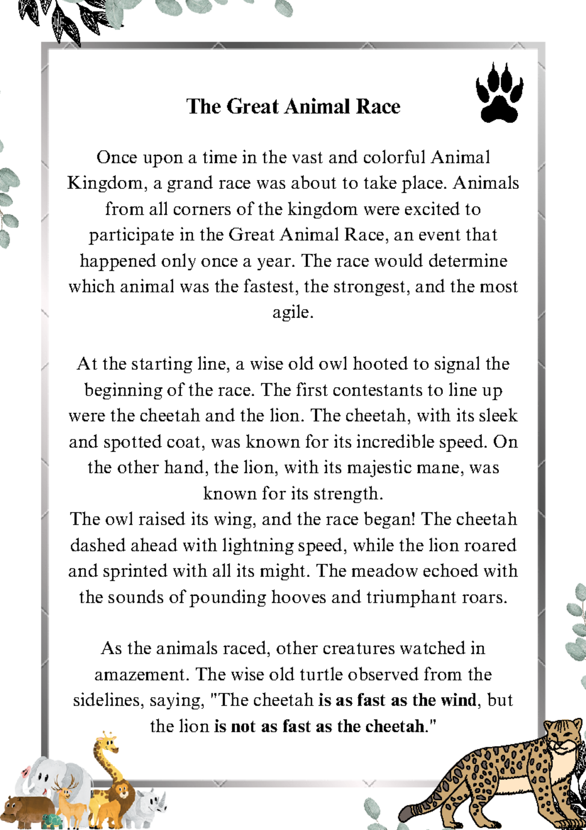 The Great Animal Race: A Tale of Speed and Strength - Studocu