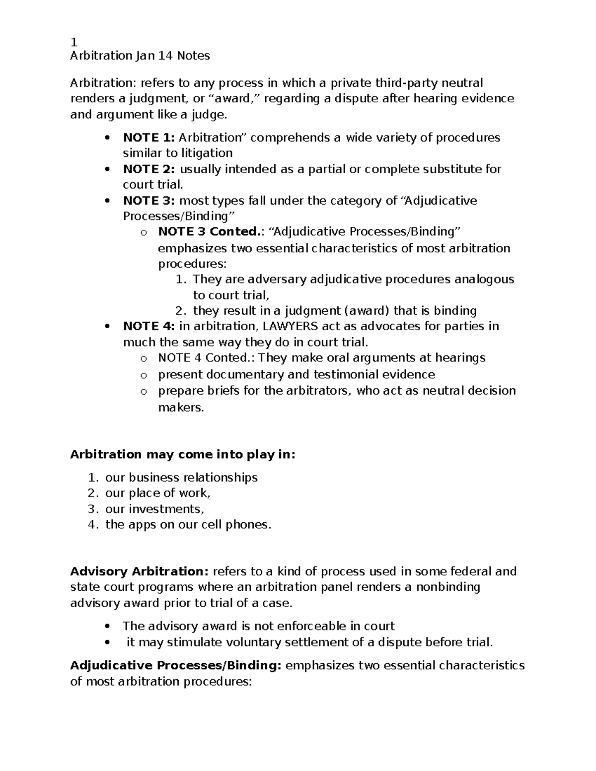 Arbitration Overview and Key Insights - Jan 14 Notes - Studocu