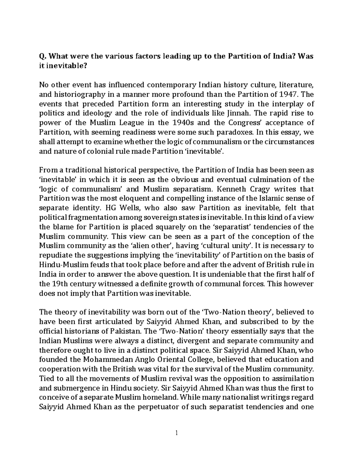 Analyzing the Factors Leading to the Partition of India (Hist 203) - Document Preview