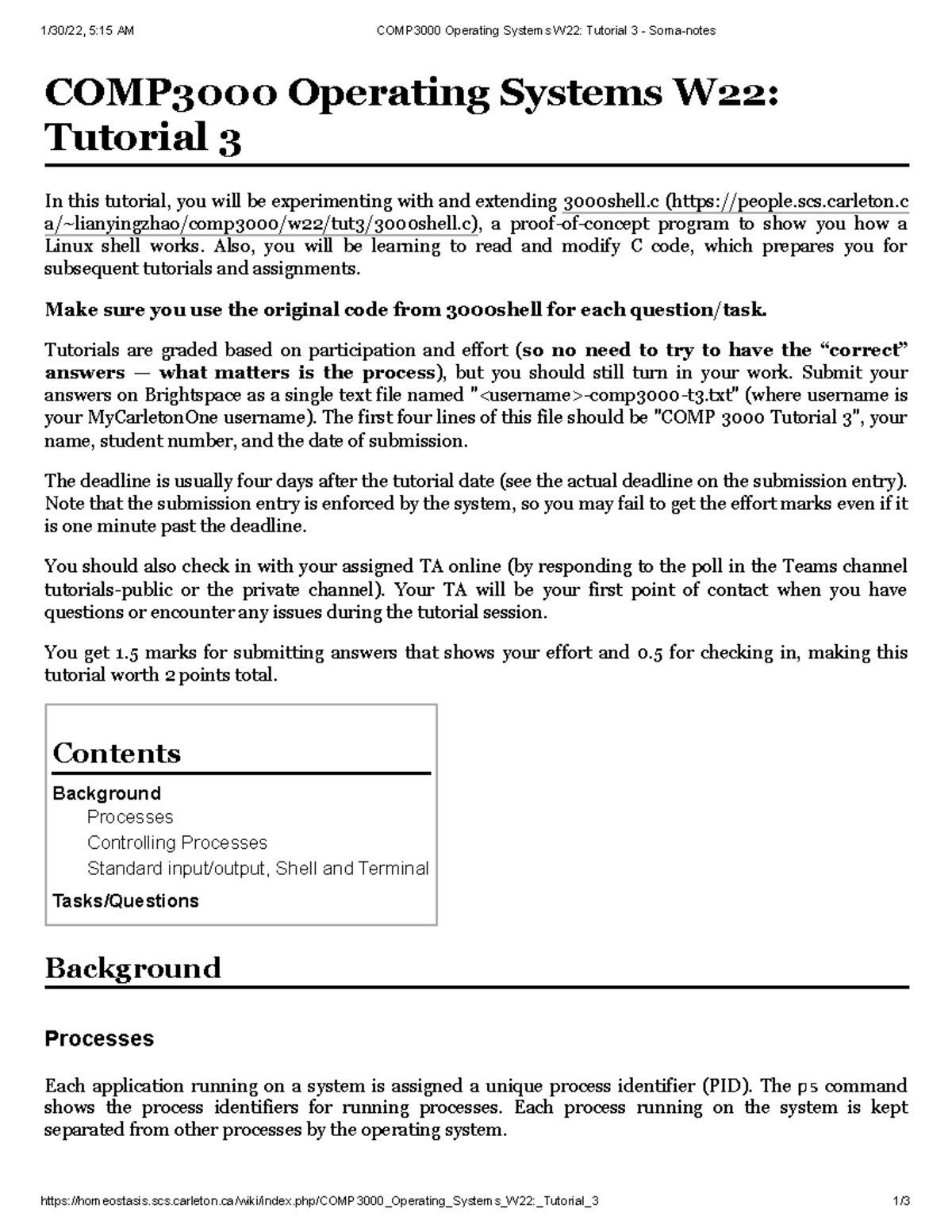 COMP3000 W22 Operating Systems Tutorial 3 - Soma Notes Overview - Studocu