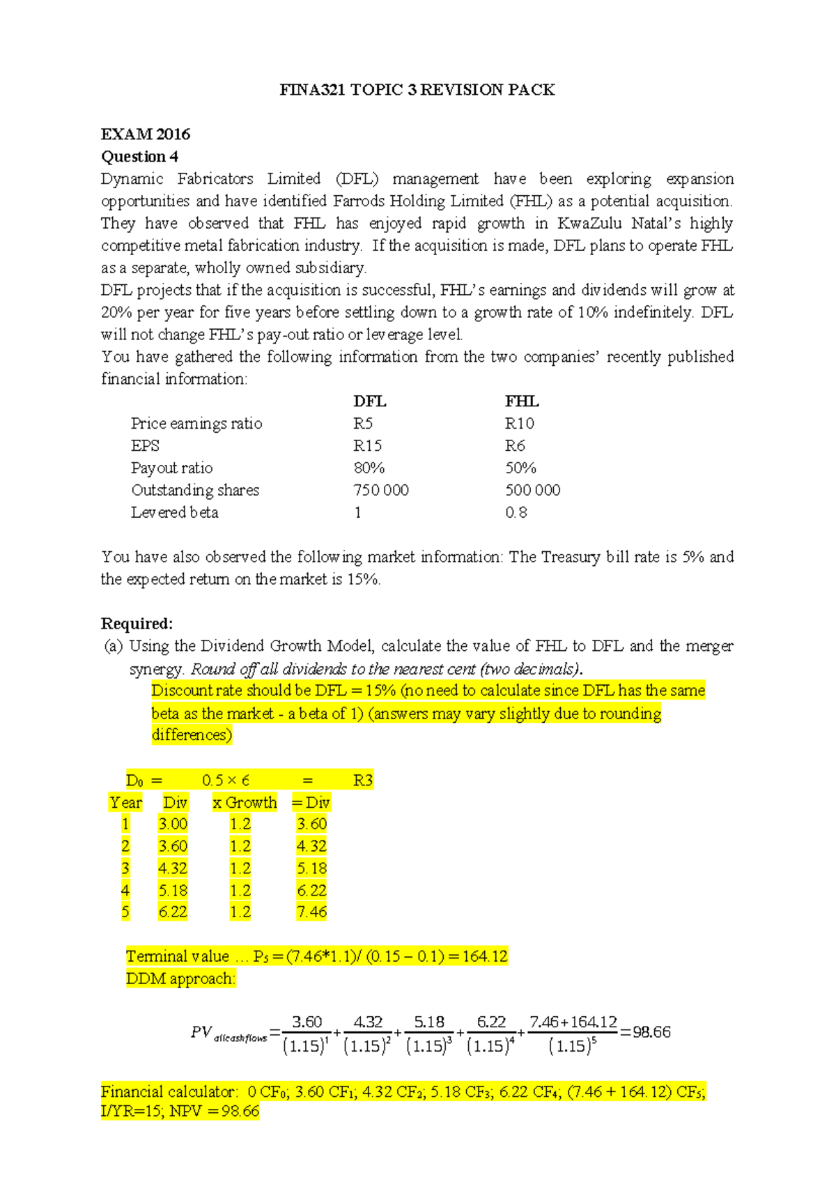 FINA321 Topic 3 Revision Pack 2023: Exam Insights & Solutions - Studocu