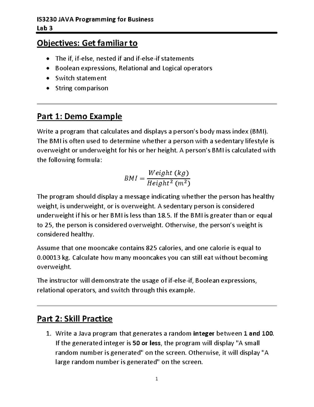 IS3230 JAVA Programming for Business Lab 3: BMI & Control Statements ...