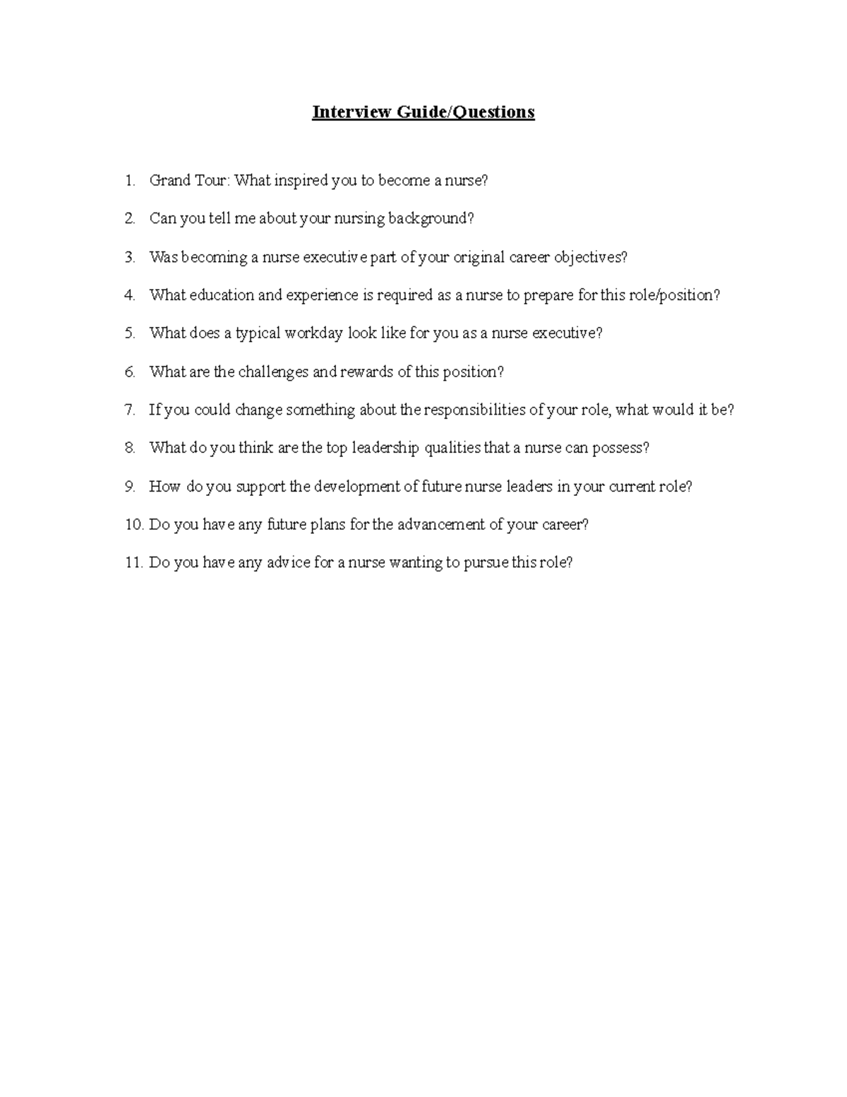D030 Interview Guide: Insights on Becoming a Nurse Executive - Studocu
