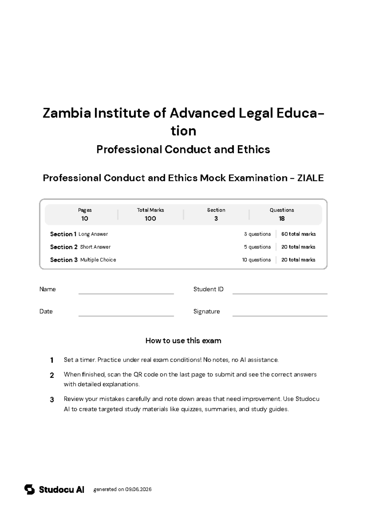 Professional Conduct and Ethics Mock Exam - ZIALE - Studocu